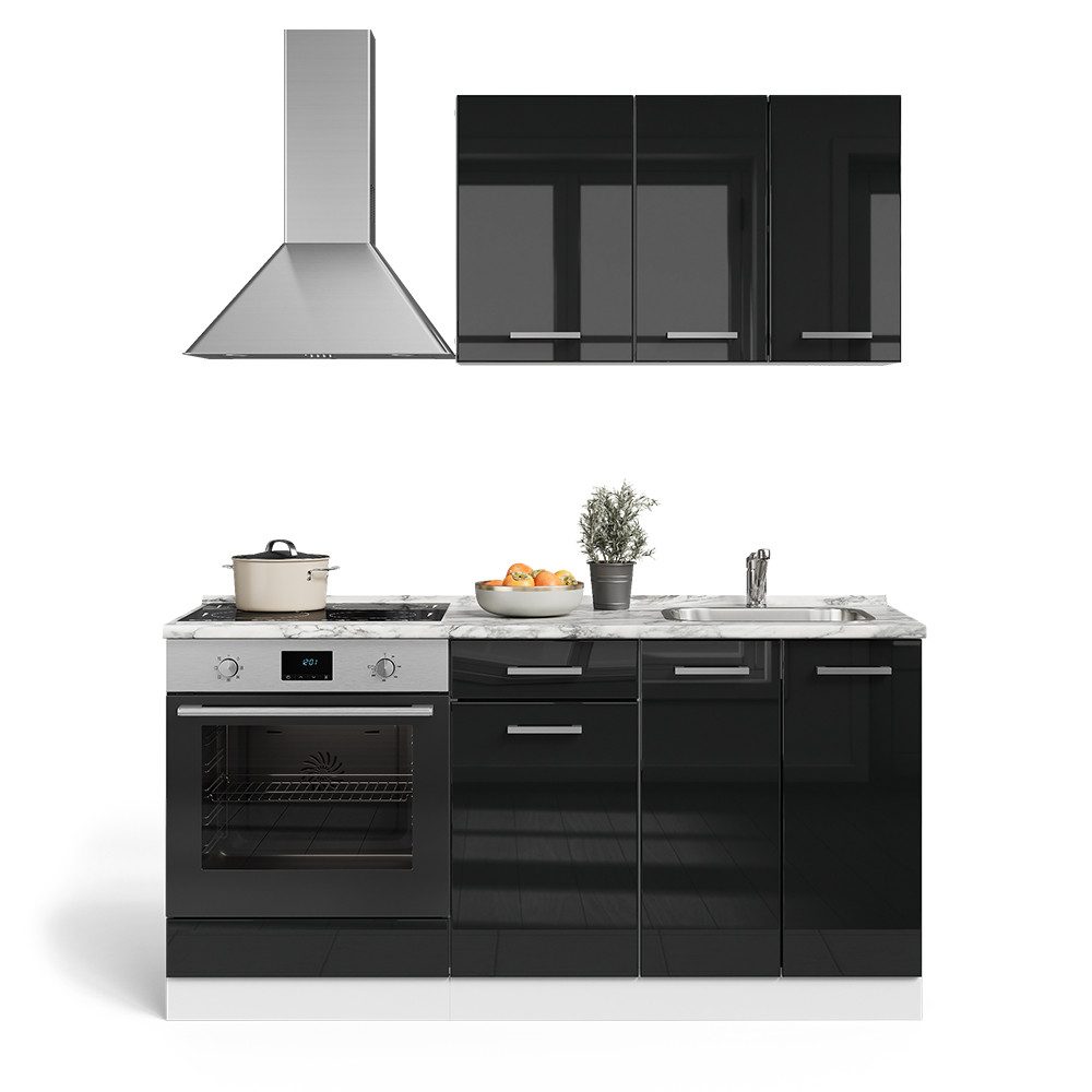 Meuble de cuisine Vicco R-Line, noir brillant/blanc, 160 cm avec caisson de four sans A...