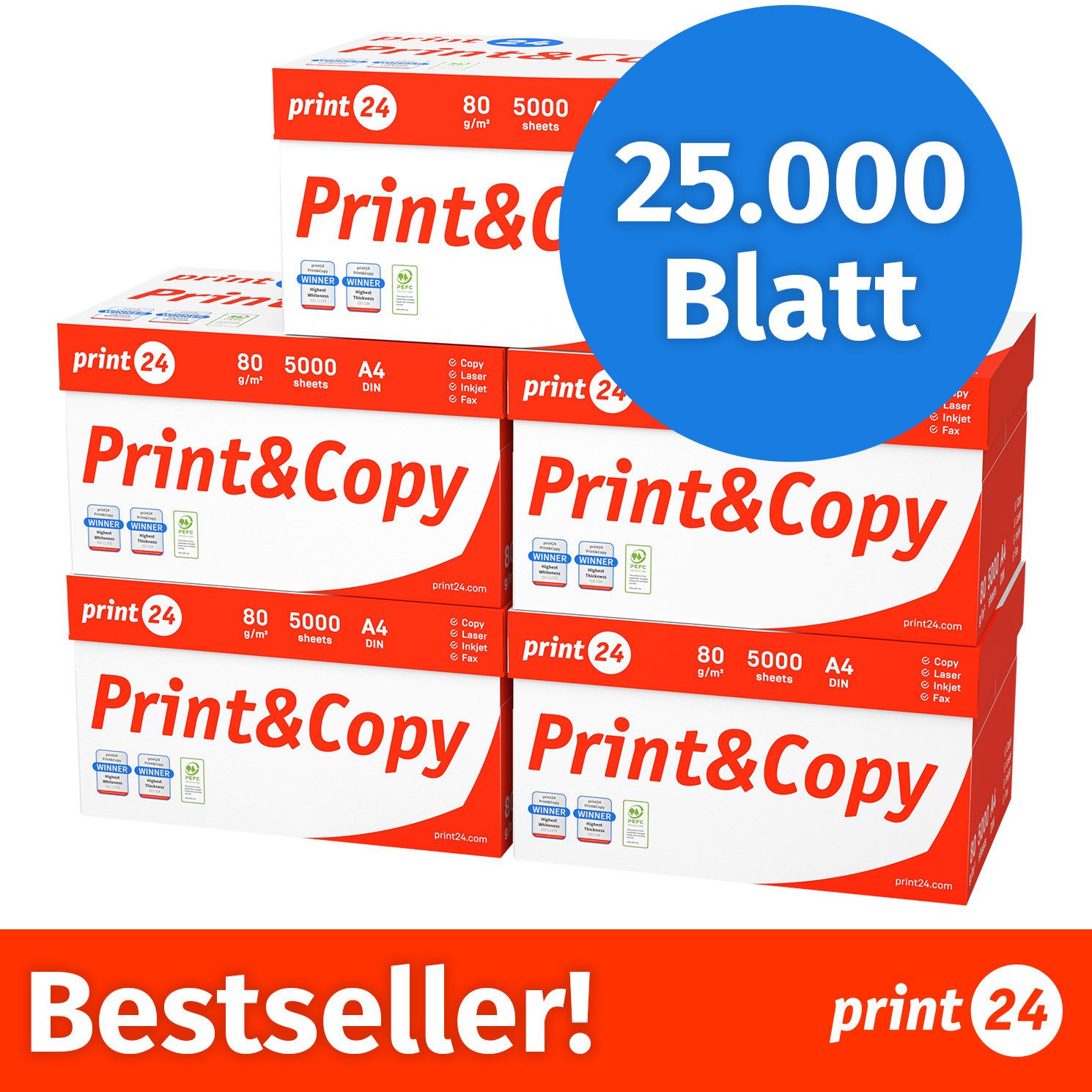 print24 Drucker- und Kopierpapier Kopierpapier 25000 Blatt A4 80g Premium Weiß PEFC zertifiziert, PEFC-Zertifikat (GFA-PEFC-COC-500582)