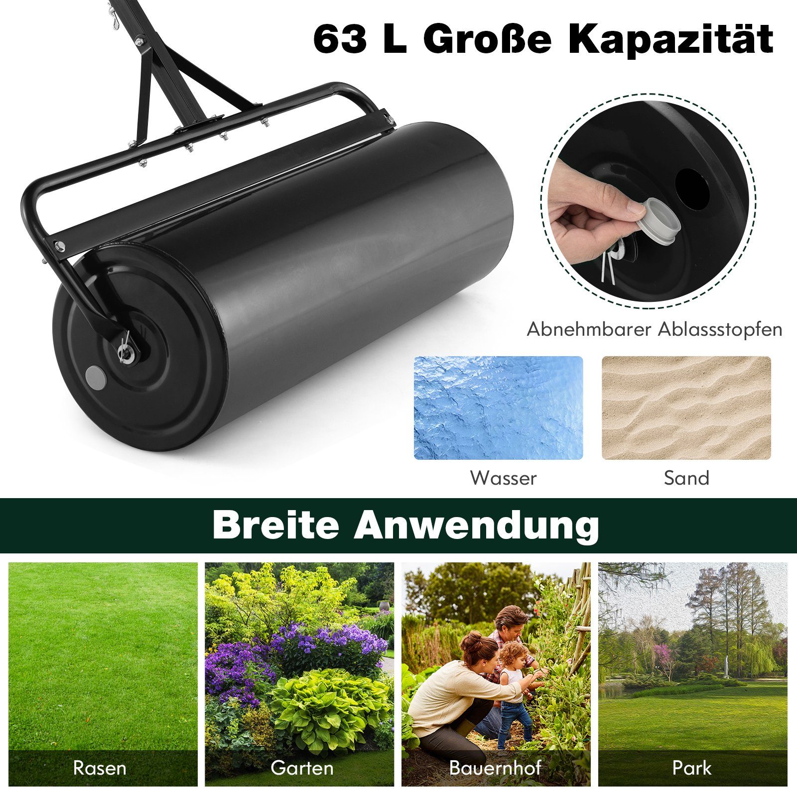 COSTWAY Rasenwalze, 90,00 cm,Gartenwalze Ø 30cm, 63L, mit Griff, aus Metall