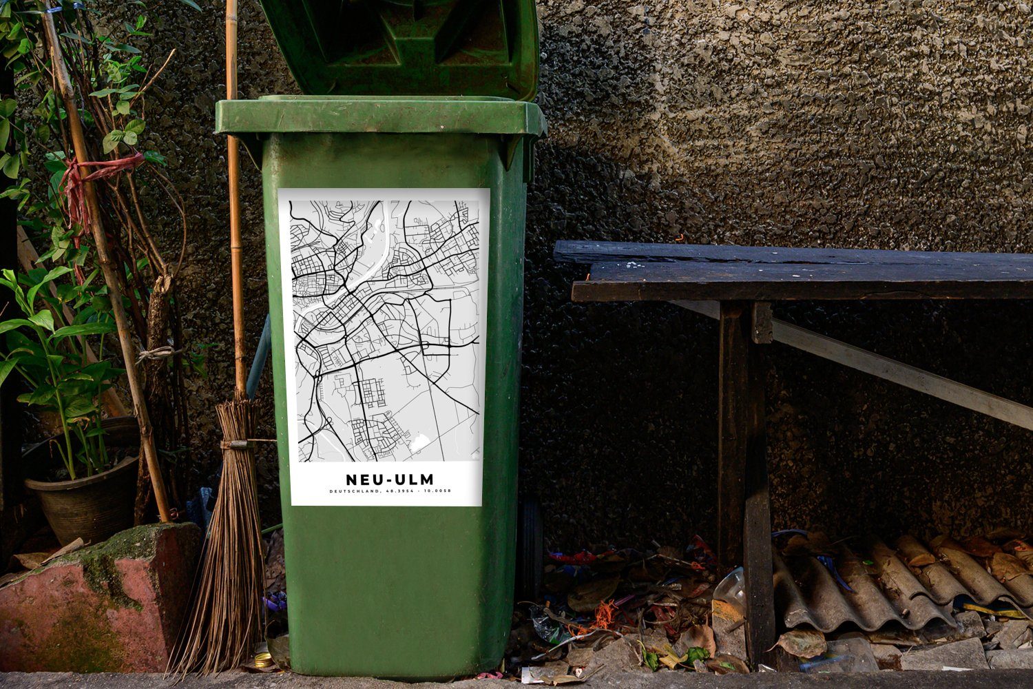 Sticker, Karte - Neu-Ulm Stadtplan Mülltonne, Mülleimer-aufkleber, (1 Container, St), Abfalbehälter - - MuchoWow Wandsticker Deutschland