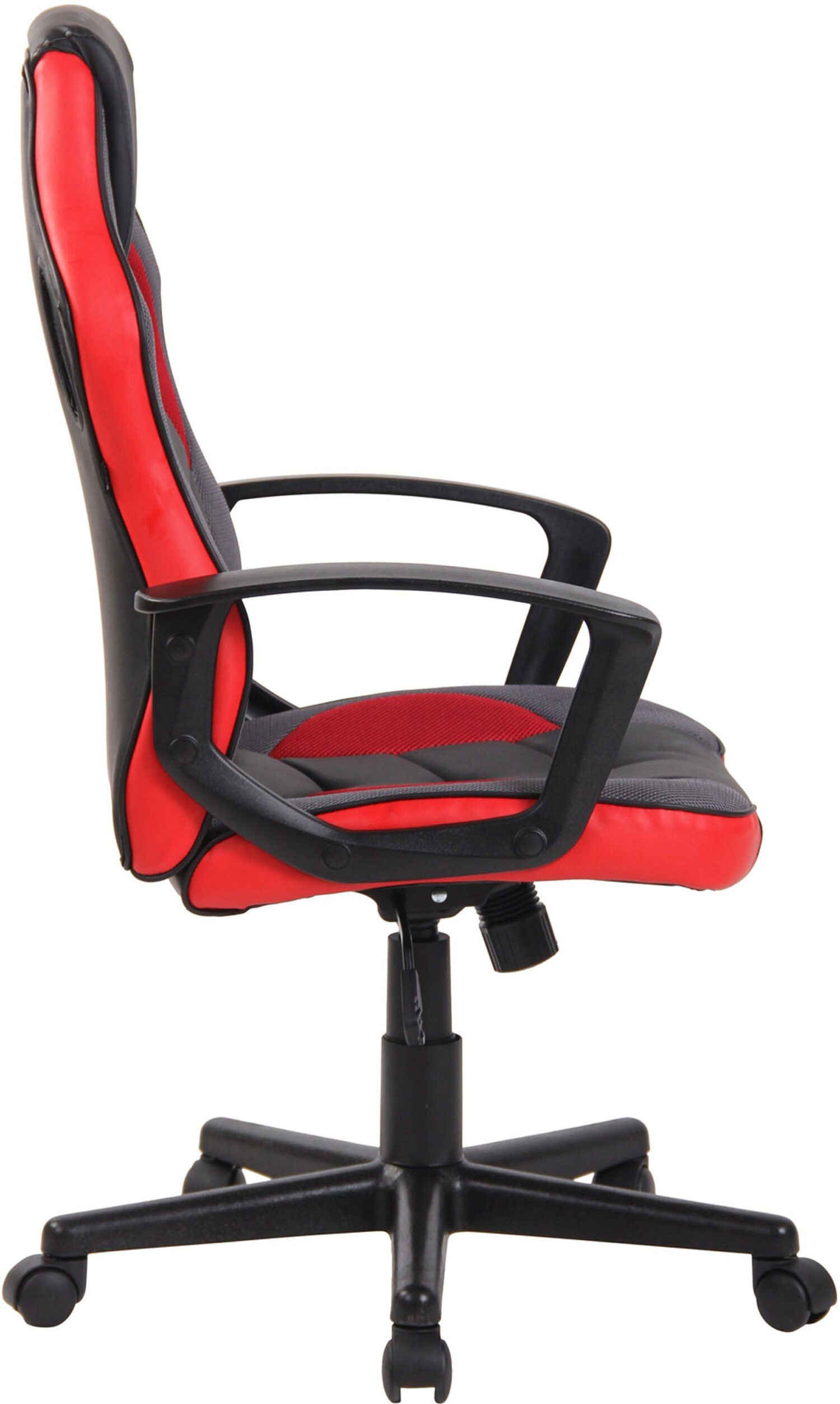 Sitz: mit (Schreibtischstuhl, bequemer TPFLiving Kunststoff Chefsessel, Rückenlehne Gestell: Glan höhenverstellbar - - schwarz schwarz/rot Konferenzstuhl), Kunstleder, Gaming-Stuhl Netzbezug drehbar und Drehstuhl, 360°