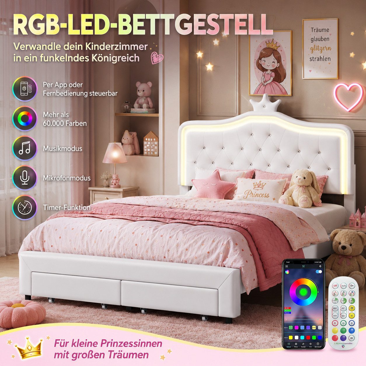 Simurq Kinderbett 140x200cm Polsterbett Für Mädchen Mit LED, Kronenform Und Schubladen (Set, Ohne Matratze), Prinzessinnenbett Gepolstertes Bett, PU, mit gepols – Bild 3 von 5
