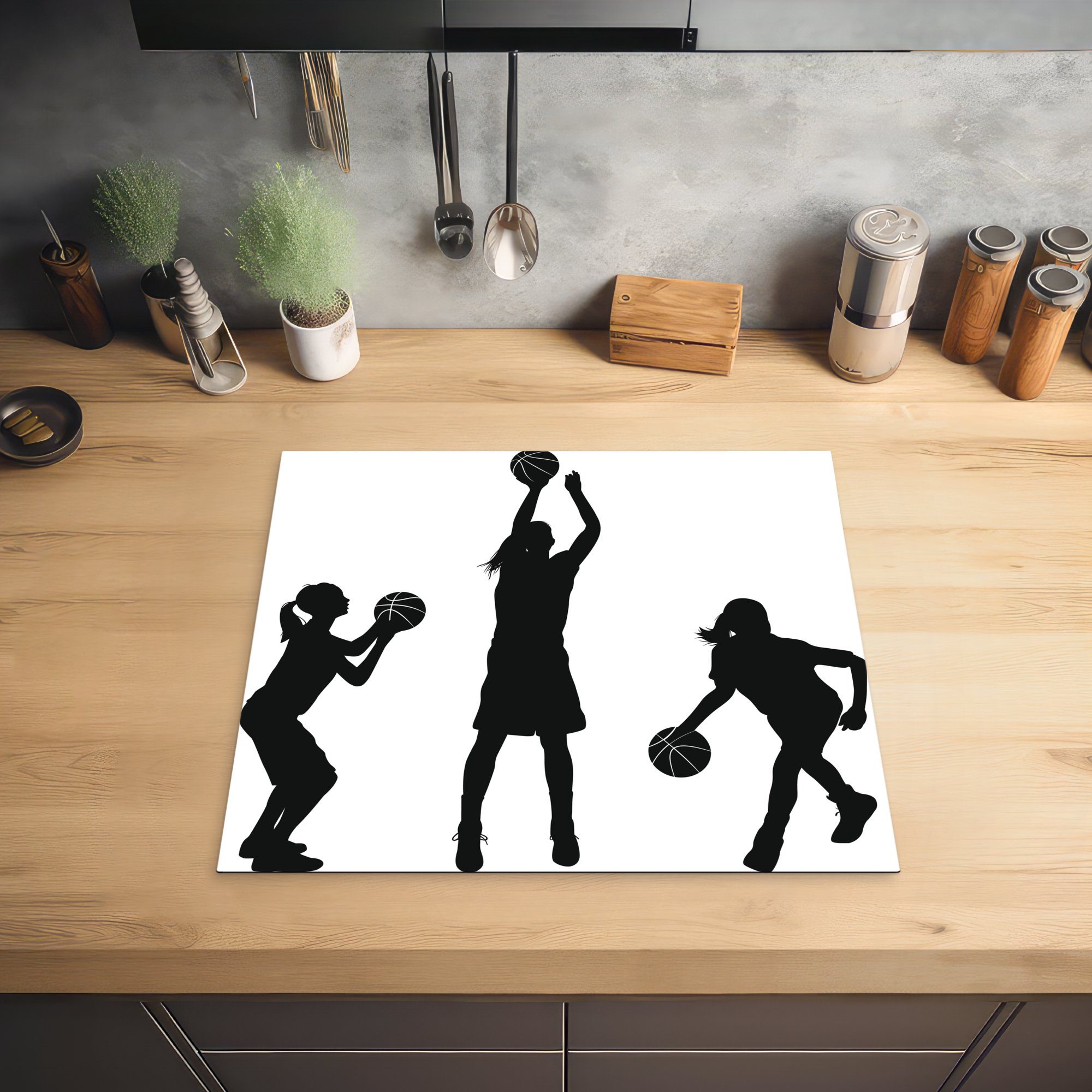 Arbeitsfläche Illustration cm, drei tlg), Ceranfeldabdeckung (1 nutzbar, die Basketball, Herdblende-/Abdeckplatte schwarz-weiße von Mädchen, Vinyl, Mobile 60x52 MuchoWow Eine