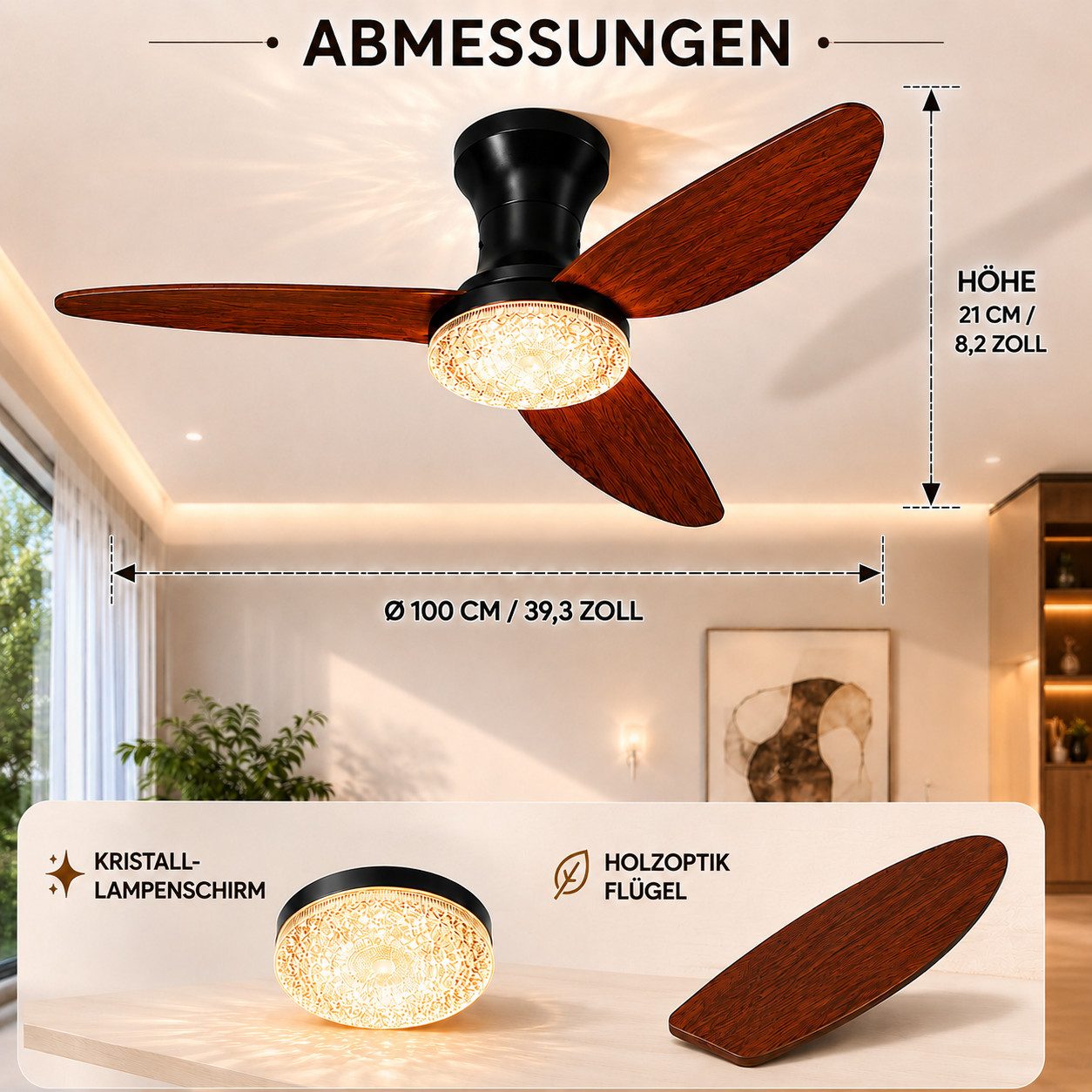 Lapalife Deckenventilator mit Beleuchtung, Leise Ventilator, Dimmbar, Kristall-Lampenschirm, 6 Geschwindigkeiten, mit Fernbedienung&APP, Timer, 100CM