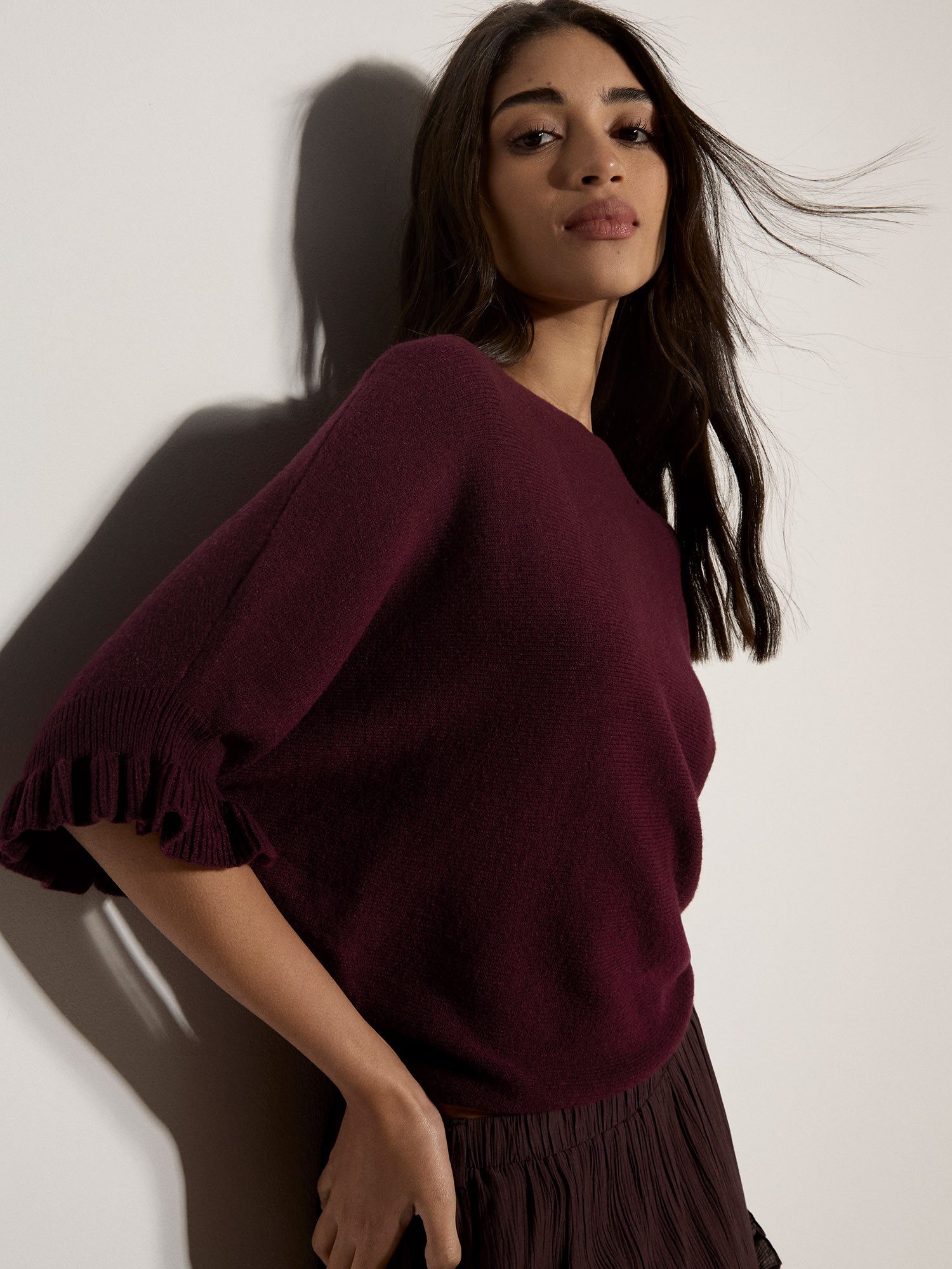 Apricot Fledermausshirt Weiches Strickoberteil mit Fledermausärmeln mit Rüschen