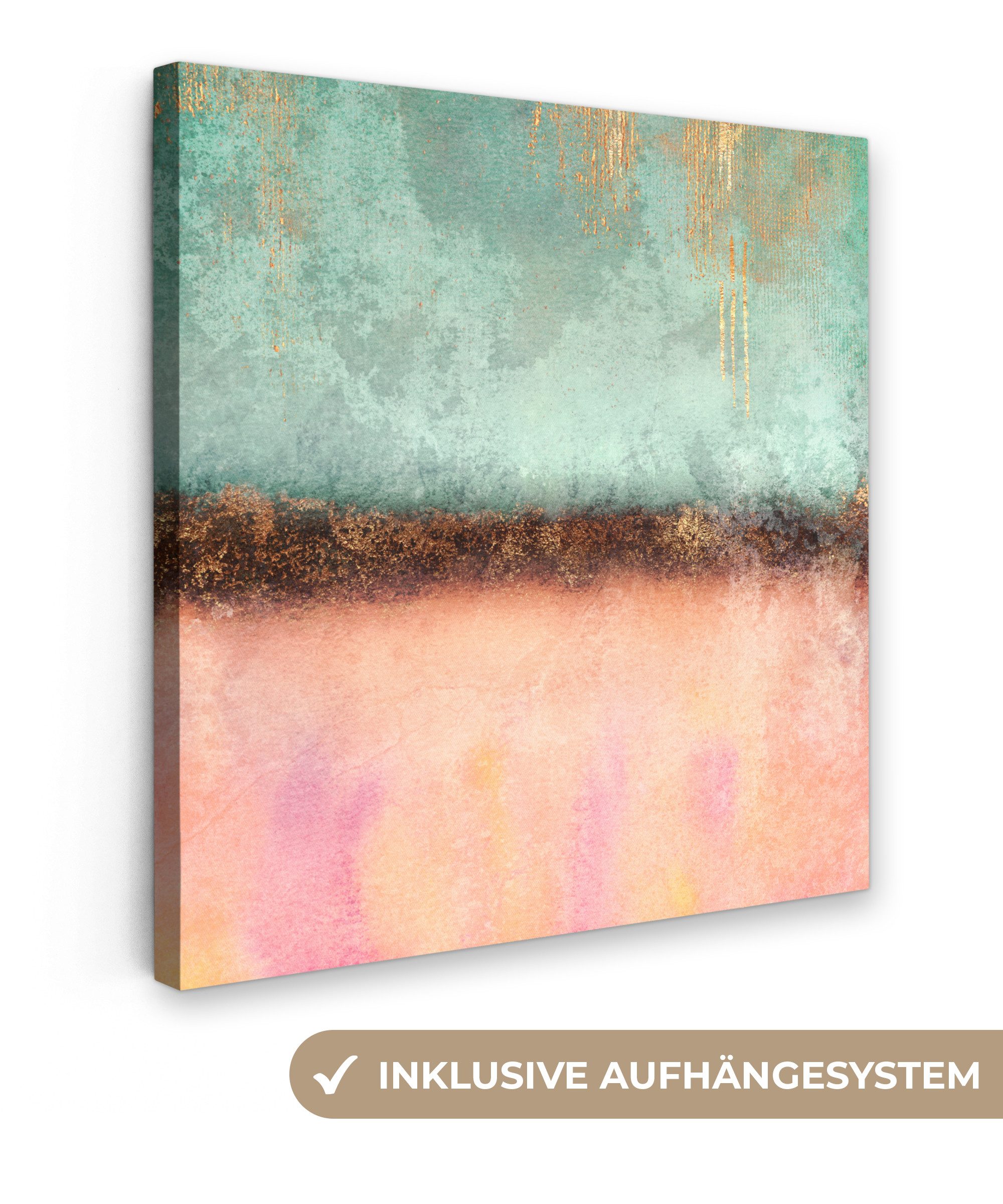 OneMillionCanvasses® Leinwandbild Gold - Farbe - Abstrakt - Grün - Rosa, Fotodruck (1 St), Wandbild, Deko Schlafzimmer Wohnzimmer Flur 20x20 cm