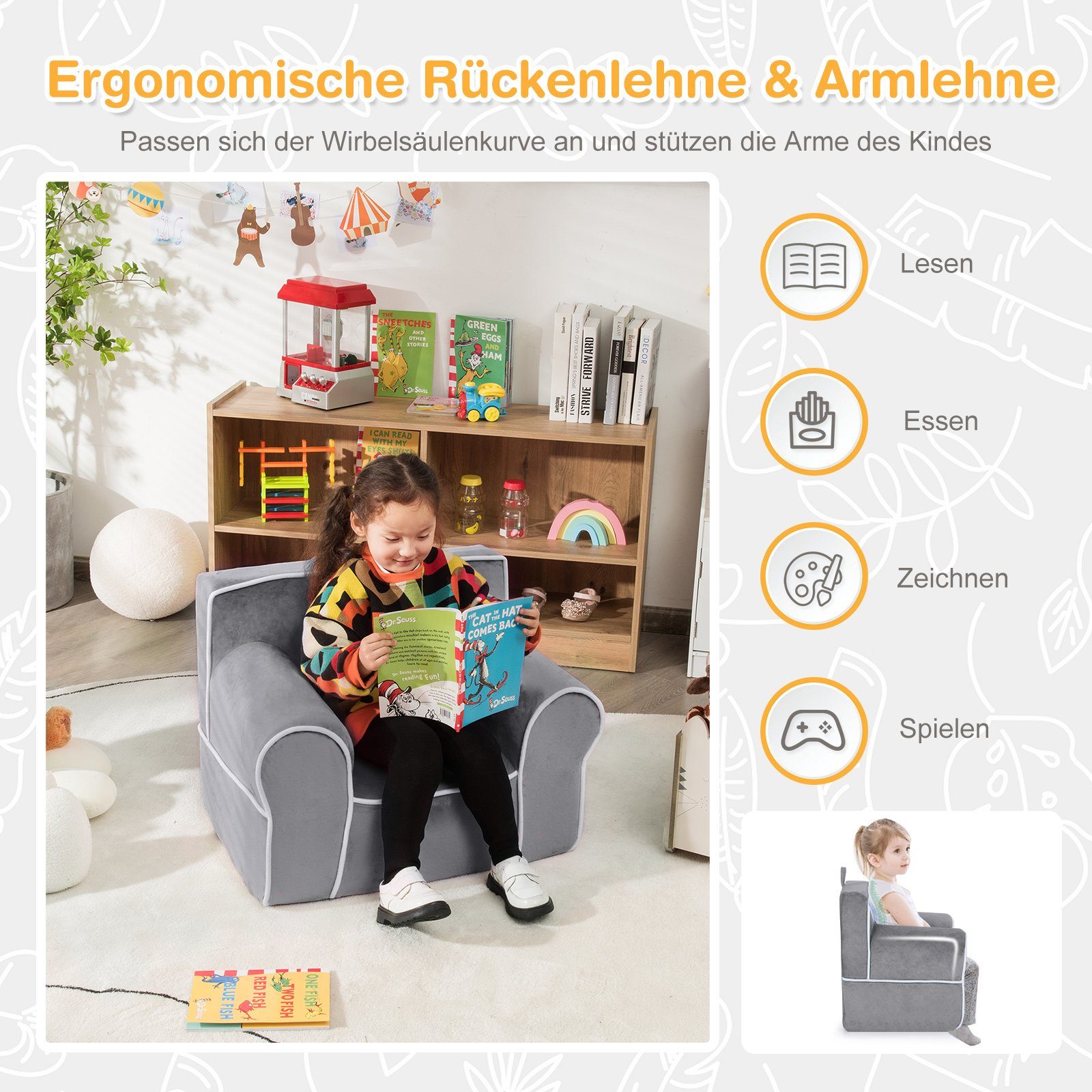 Armlehne&Handgriff, COSTWAY mit Grau gepolstert, 68x46x50cm Kindersofa,