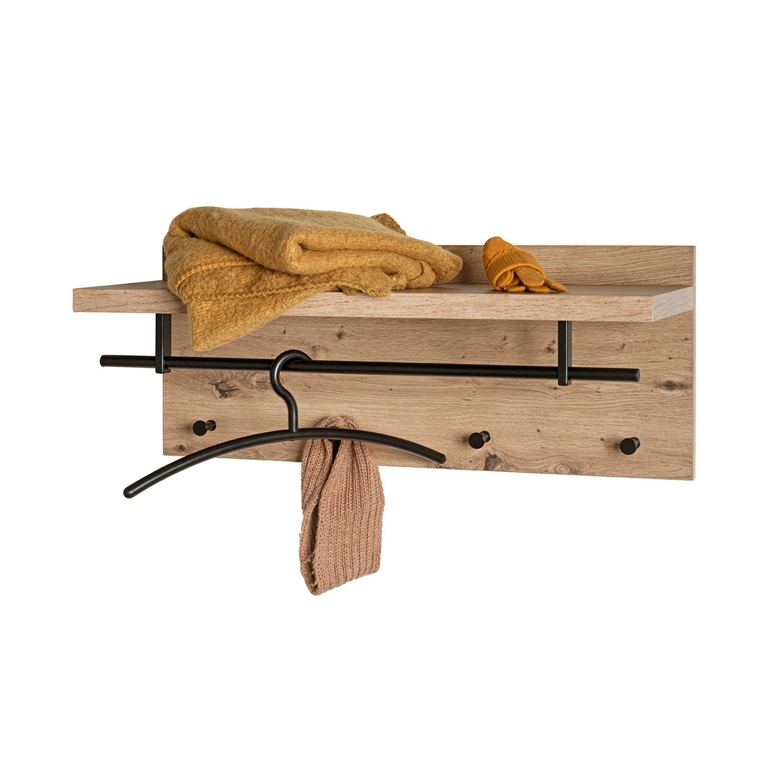 HAKU Garderobenständer PARMA 5 Garderobe - eiche-schwarz - MDF, Metall - H. 30cm x B. 75cm, (1xWandgarderobe, Wandhalterung - Wandhalter), Wandhakenleiste - Hakenleiste - Garderobenleiste - Wandhaken