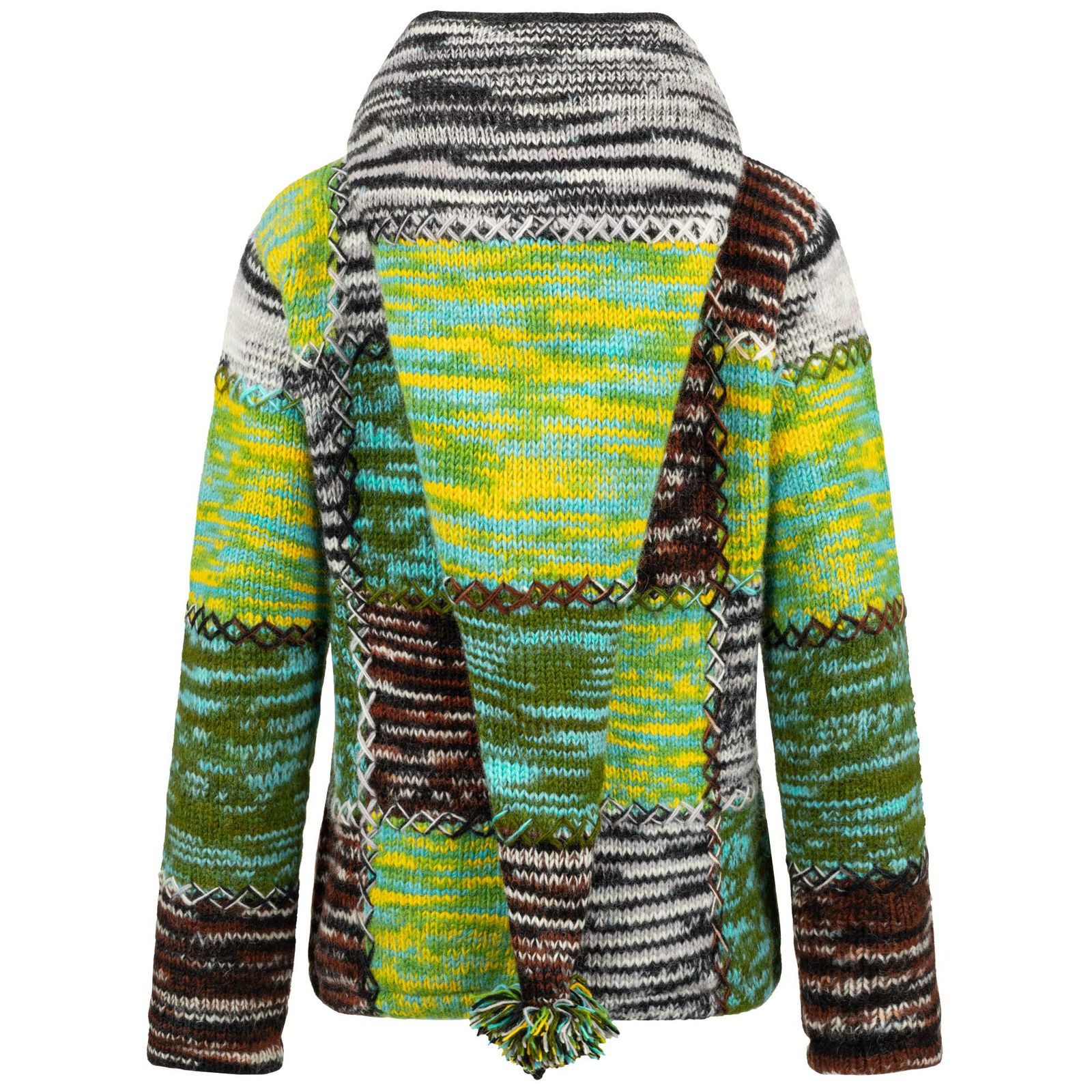 KUNST UND MAGIE Strickjacke Damen Strickjacke Wolle Bunte Patchwork Jacke Zipfelkapuze Hochkragen