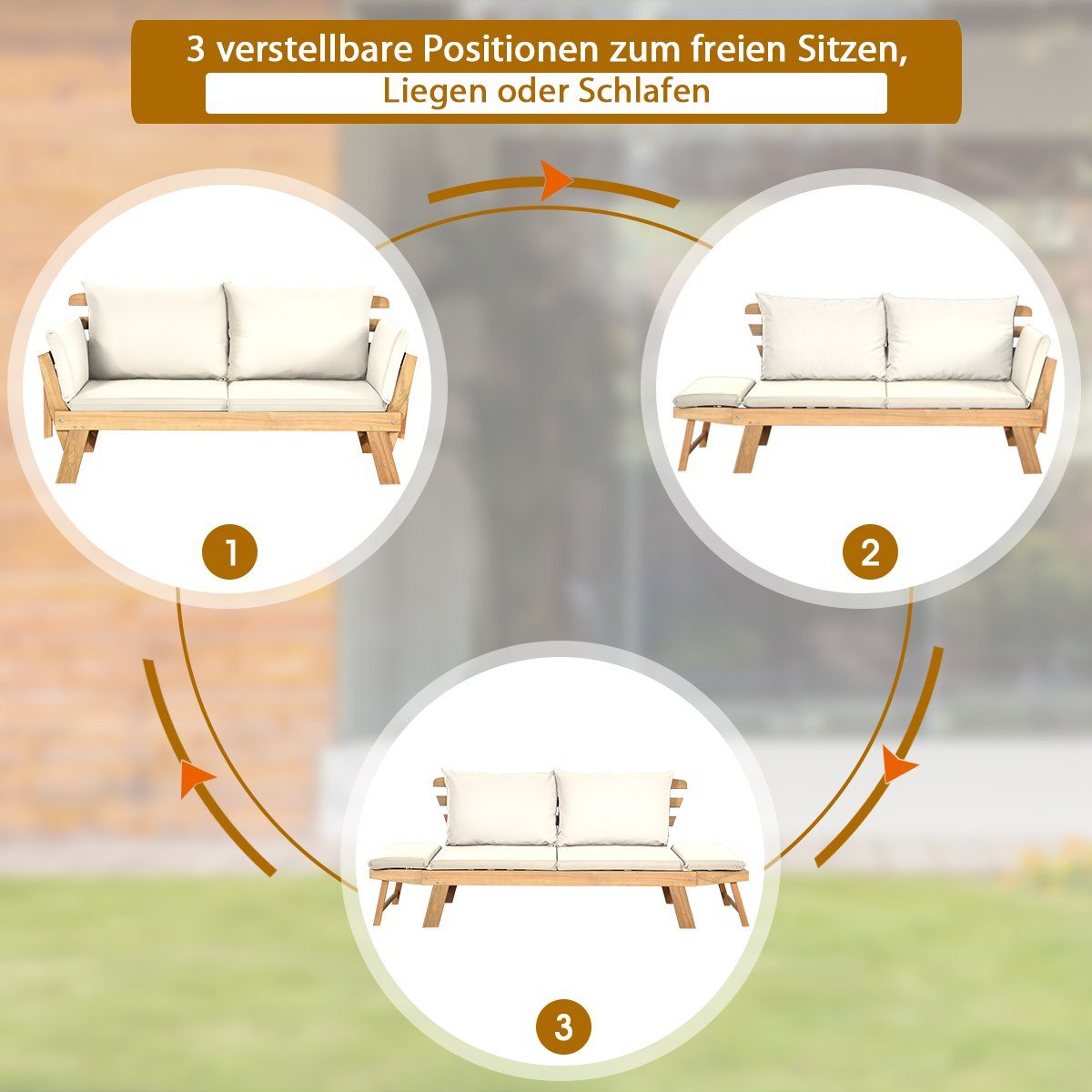 COSTWAY Gartenbank 4-in-1 XXL, mit Liegefunktion, Auflage, 198x75x75cm, 320kg