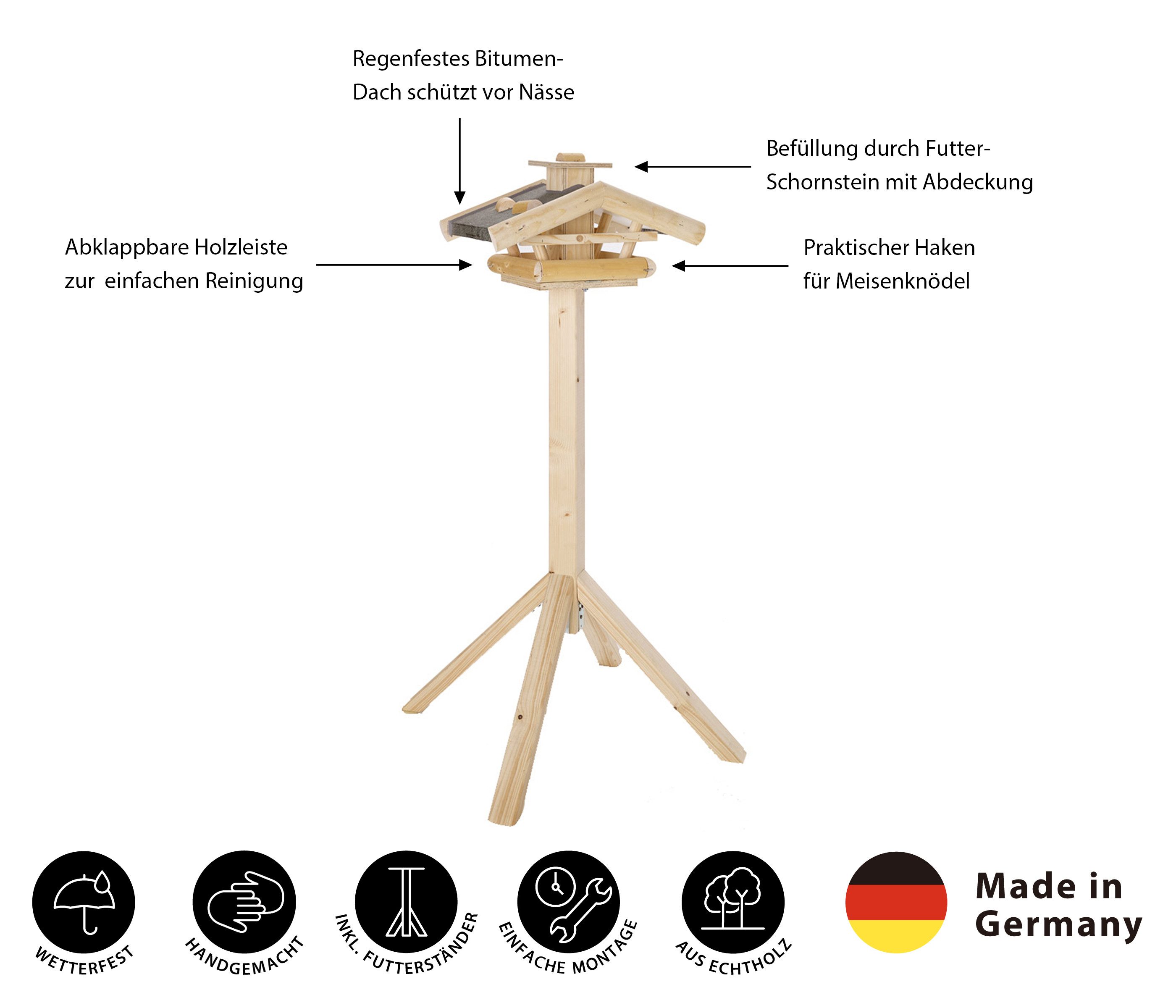 Dehner Vogelhaus Natura Wendelstein für Wildvögel, mit Ständer, 142 x 76 x 55 cm, Holz, Geflammt, massiv, wetterfest, mit Ständer