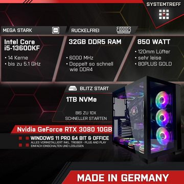 SYSTEMTREFF Gaming-PC (Intel Core i5 13600KF, GeForce RTX 3080, 32 GB RAM, 1000 GB SSD, Wasserkühlung, Windows 11, WLAN)