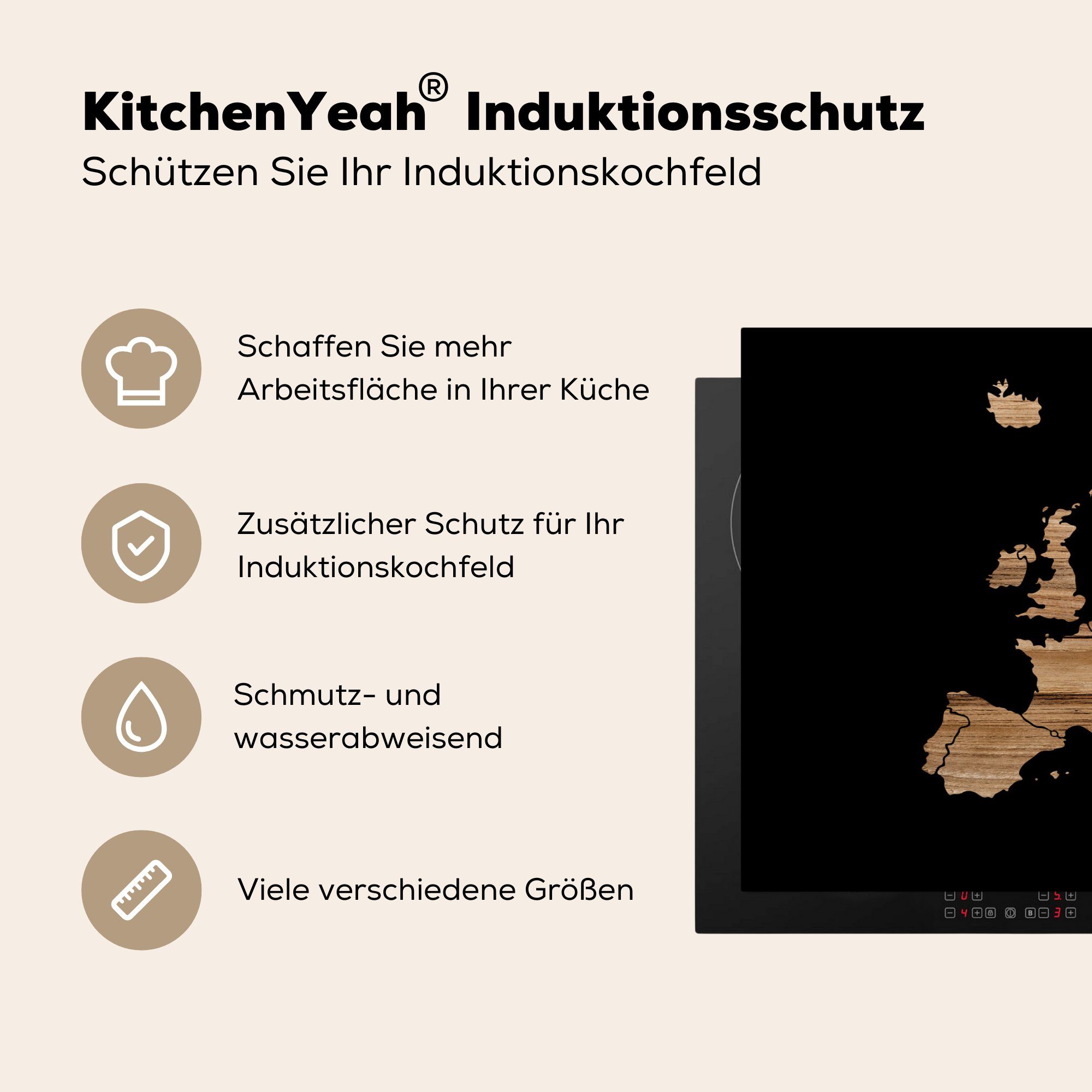 Herdblende-/Abdeckplatte Holz 81x52 von Schwarz, die Vinyl, - (1 Europa cm, Schutz Ceranfeldabdeckung für Karte küche, Induktionskochfeld MuchoWow tlg), -
