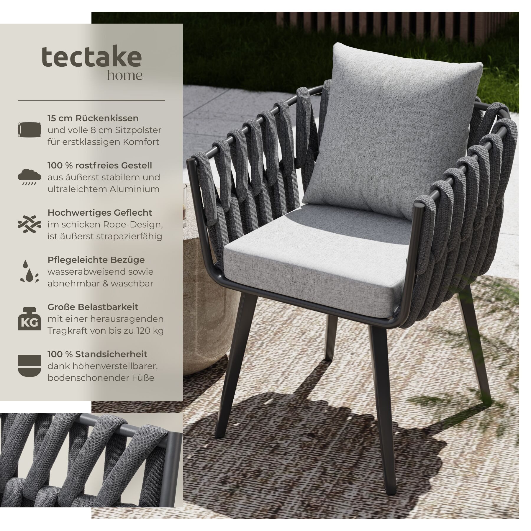tectake Gartenstuhl Aluminium Outdoorstuhl Set im Rope-Design, wetterfest (Aluminium Stühle 2er Set, 2 St), Belastbarkeit je 120 kg, höhenverstellbare Kunststofffüße, Inkl.