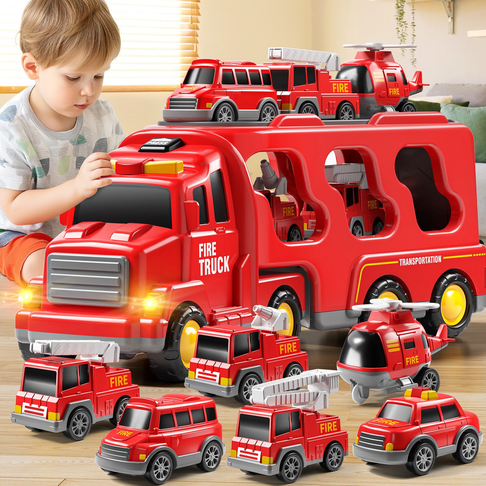TEMI Toy Car 7 Pack Carrier Truck Transport City Vehicles Toy, (Set includes 1 Transport Handcart, 6 Small Fire Trucks), Made in China