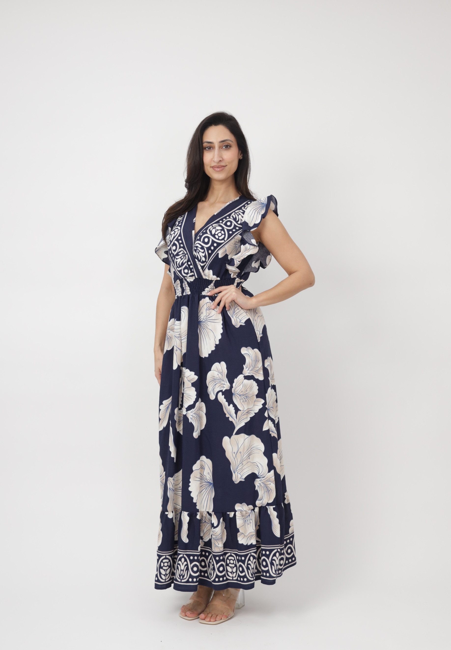 Maxikleid Wickeloptik mit Volantärmeln und Muster