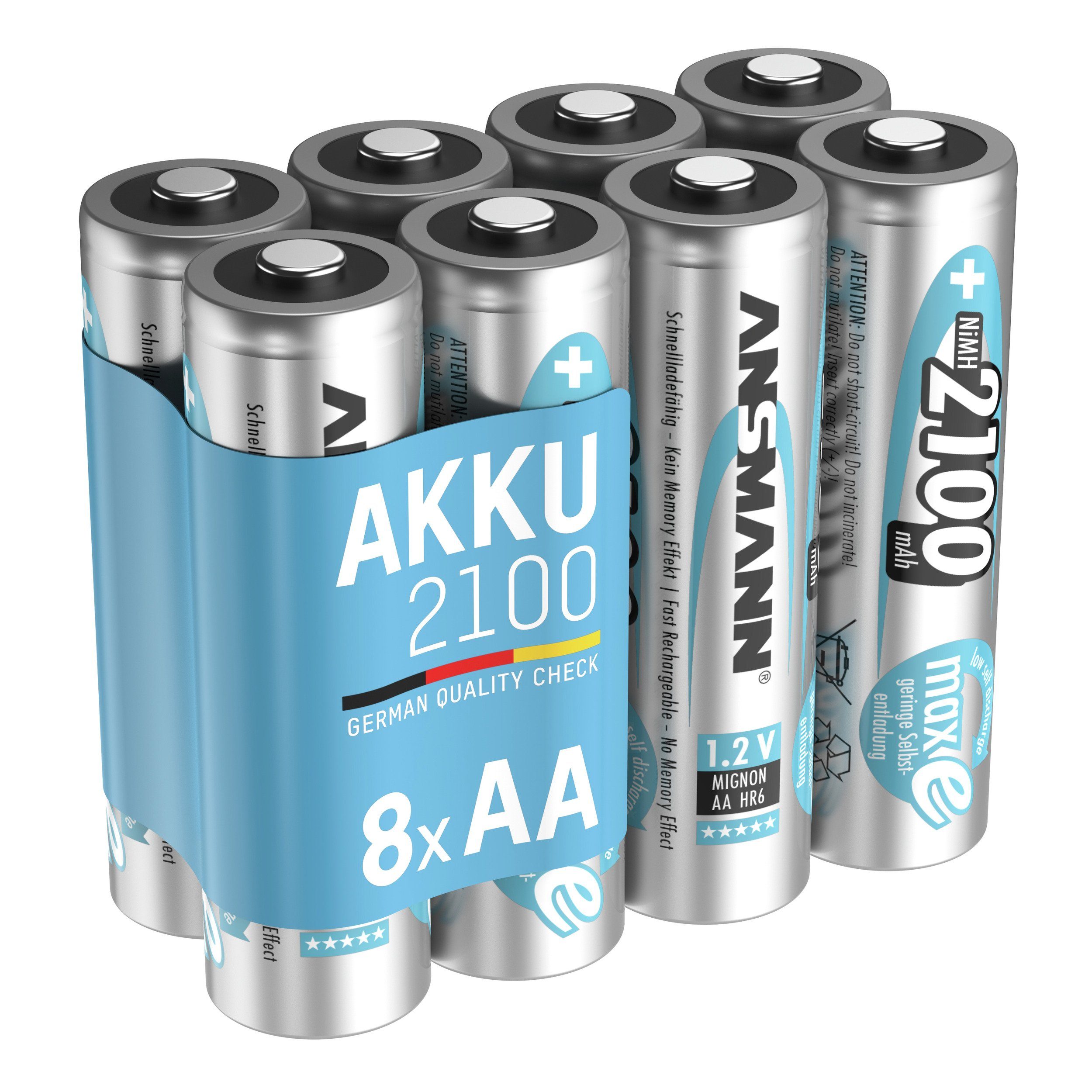 ANSMANN® Akku AA 1000x mAh wiederaufladbar 2100mAh 1,2V - (8 NiMH Mignon Stück) V) 2100 Akku (1.2