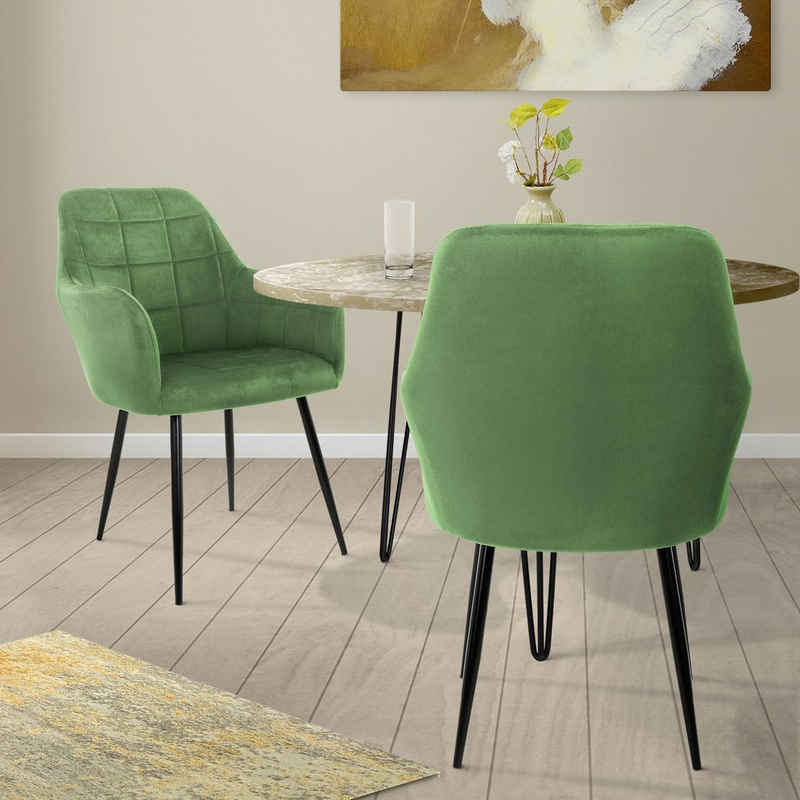 ML-DESIGN Stuhl Esszimmerstühle mit Rücken und Armlehnen aus Samt/Kunstleder Stühle (2 St), 2er Set Küchenstühle Grün 58x60x84cm aus Samt mit Metallbeine