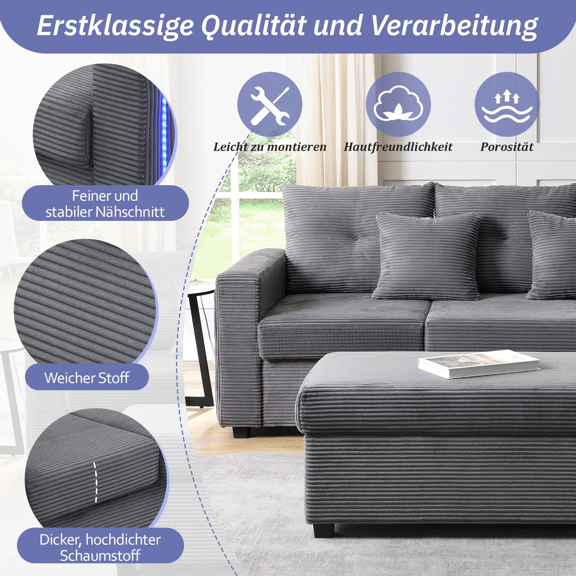 Merax 3-Sitzer L-förmiges Sofa mit LED-Beleuchtung, Wolkenweiches Sitzgefühl, Modulares Design, Cordstoff 1 Teile, 3-Sitzer Sofa mit Extra großer Ottoman, Seite – Bild 4 von 5