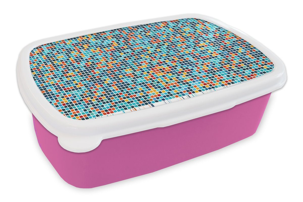 MuchoWow Lunchbox Mosaik - Kacheln Kunststoff, Mädchen, Muster, Snackbox, Brotdose (2-tlg), - Brotbox Kinder, Erwachsene, rosa für Pixel - Kunststoff