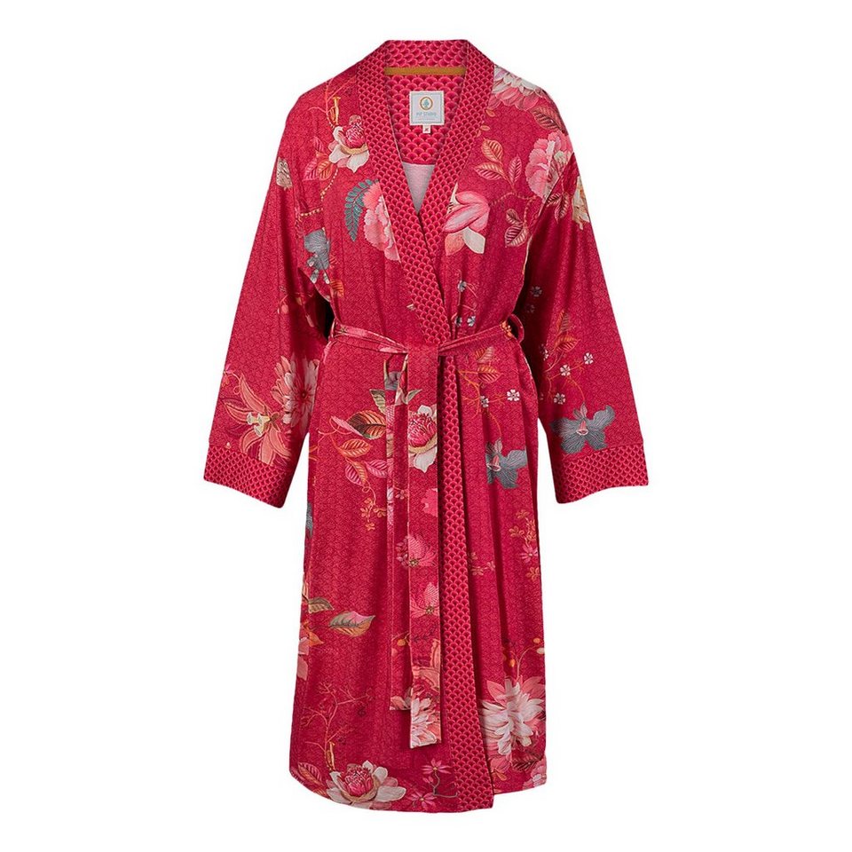 PiP Studio Kimono Naomi Tokyo Bouquet, wadenlang, Viskose, mit breitem Gürtel  zum binden, Bindeverschluss, aus geschmeidigem Viskosemix