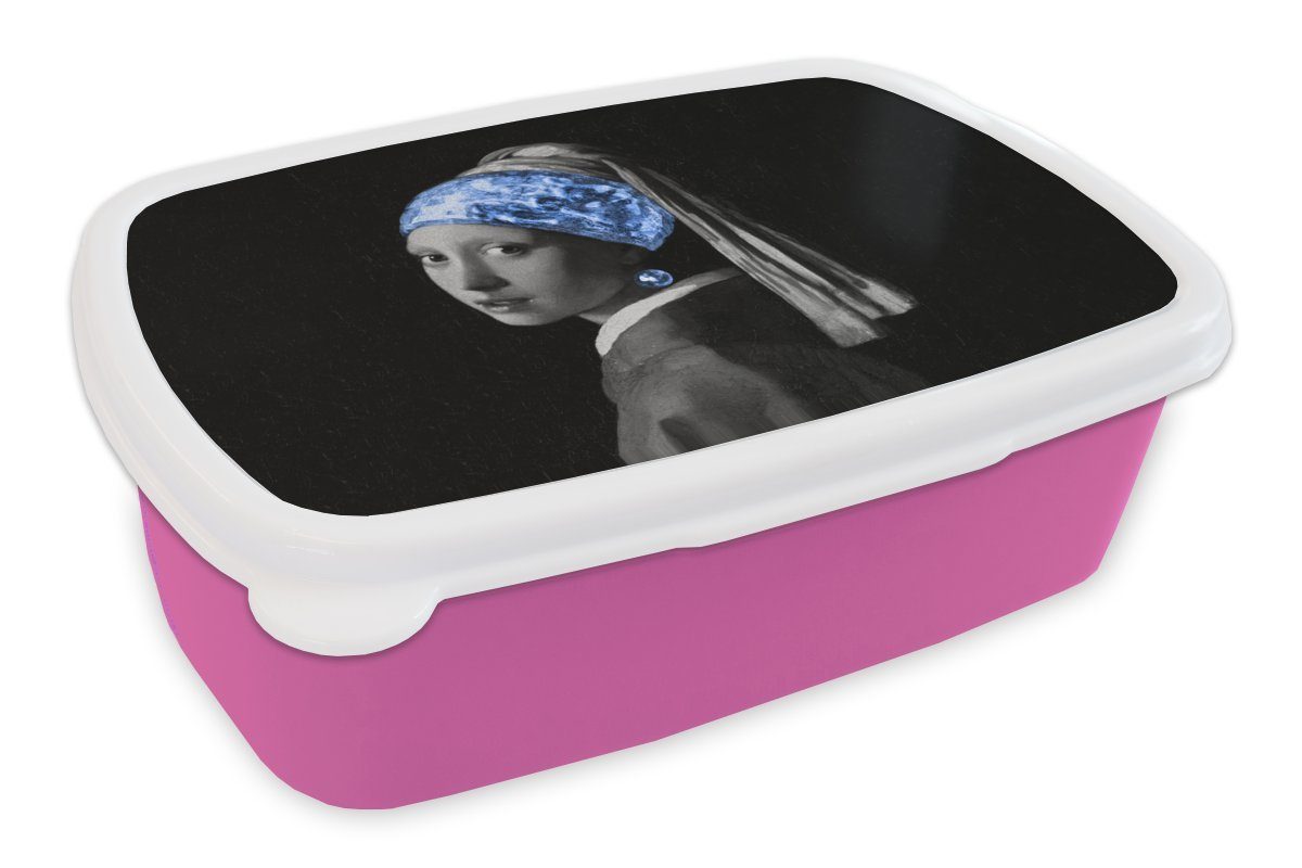 Erwachsene, Kinder, Snackbox, Brotdose Blau, Vermeer Mädchen Brotbox Lunchbox Kunststoff Mädchen, MuchoWow - einem mit (2-tlg), für rosa Kunststoff, Perlenohrring -