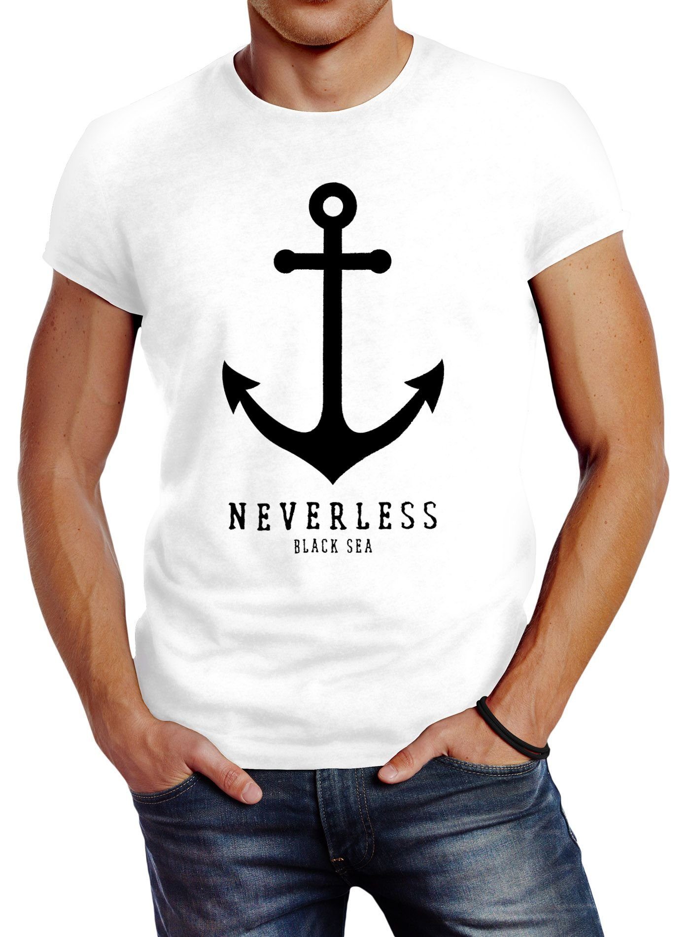 Neverless Print-Shirt Herren T-Shirt Anker Nautical Sailor Segeln Slim Fit Neverless® mit Print weiß