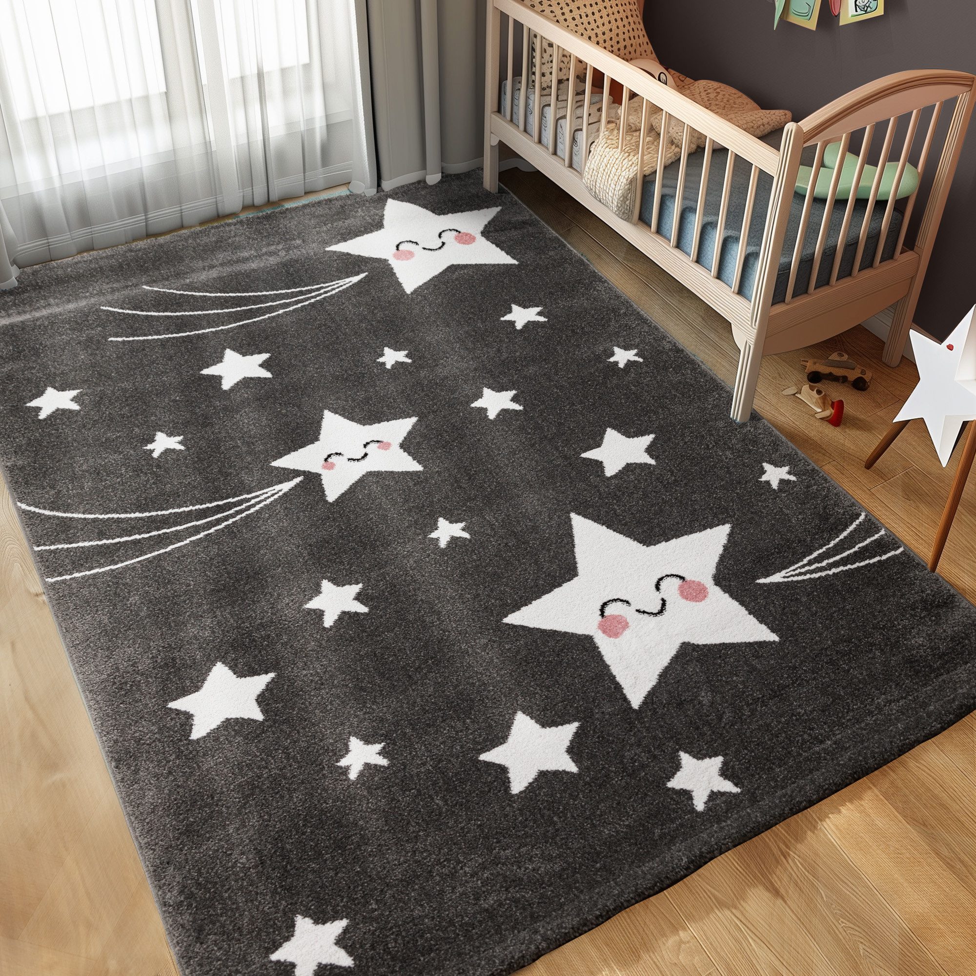 Carpettex Kinderteppich Sterne-Design, Läufer, Höhe: 11 mm, Kinderteppich Stern-Design Grau Baby Teppich Kinderzimmer Pflegeleicht