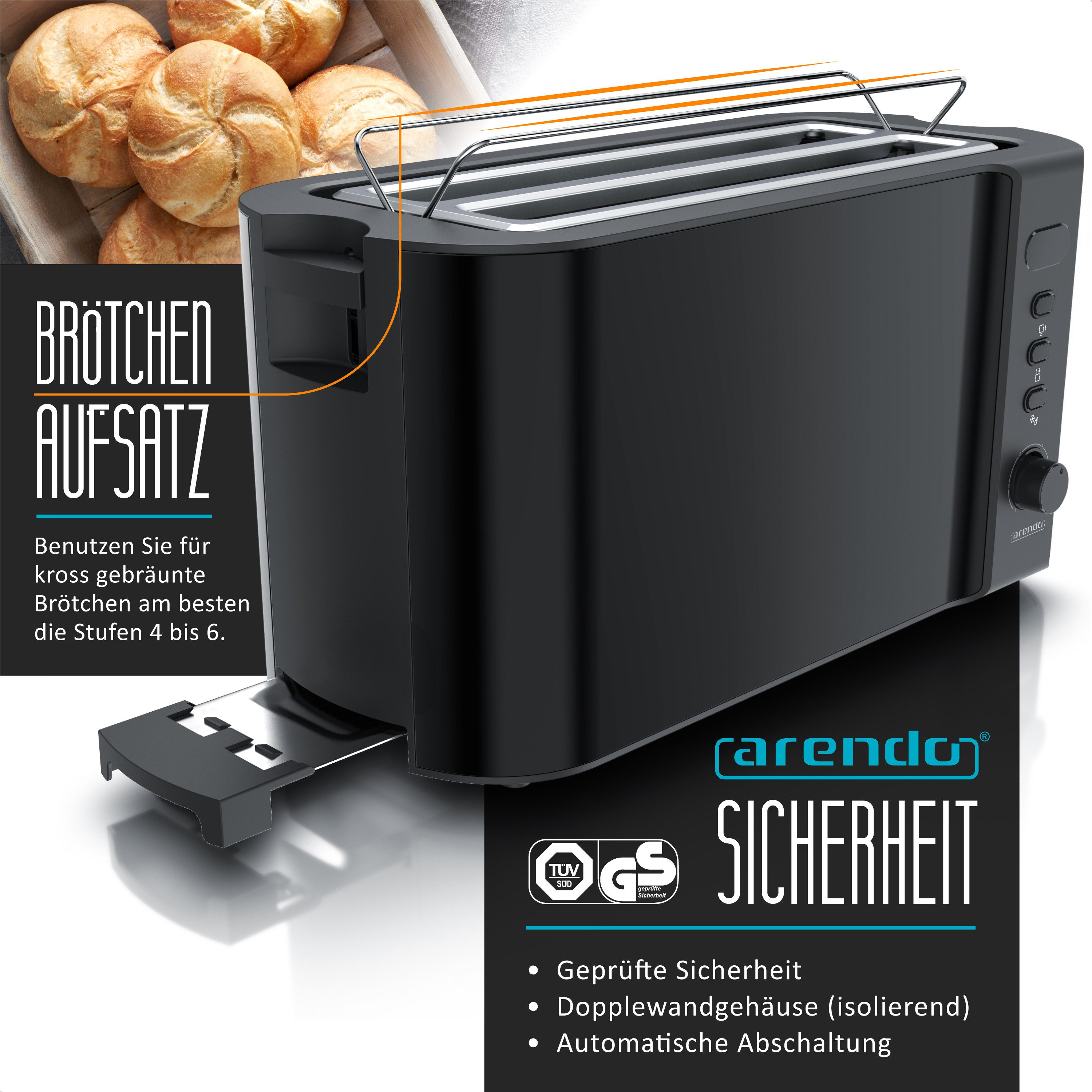 Arendo Toaster Edelstahl, Langschlitz, Display mit Restzeitanzeige, Krümelschublade, 2 lange Schlitze, für 4 Scheiben, 1500 W, Defrost Funktion, Wärmeisolierendes Gehäuse, mit Brötchenaufsatz