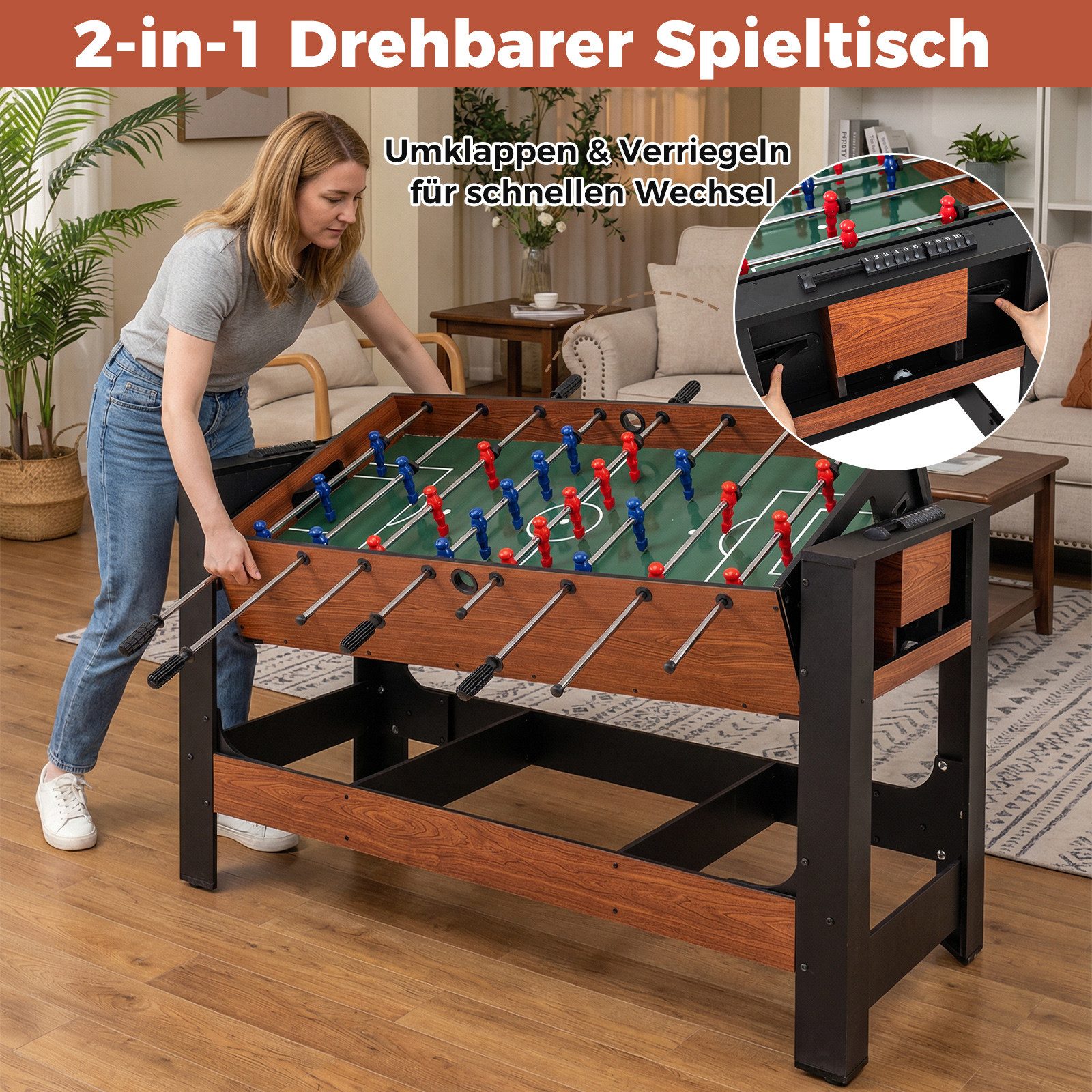 COSTWAY Kickertisch, 2 in 1 drehbarer Billardtisch mit Queues, Dreieck