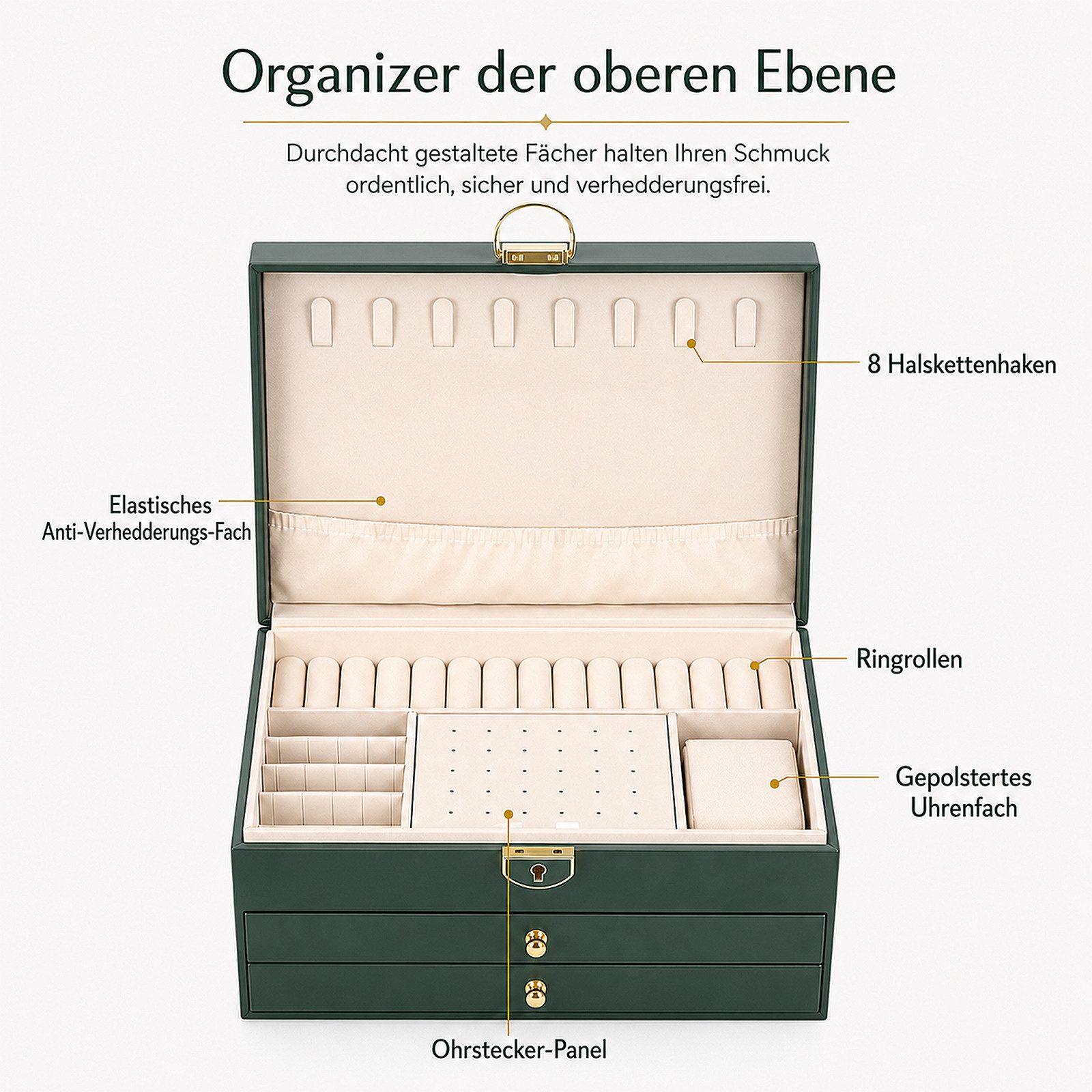 BlingBin Schmuckkasten Schmuckkästchen 3 Ebenen, Schmuckaufbewahrung mit 2 Schubladen (1er Set, 1 St., Schmuckschatulle, abschließbar, Tiefgrün), Schmuck Organi – Bild 4 von 5