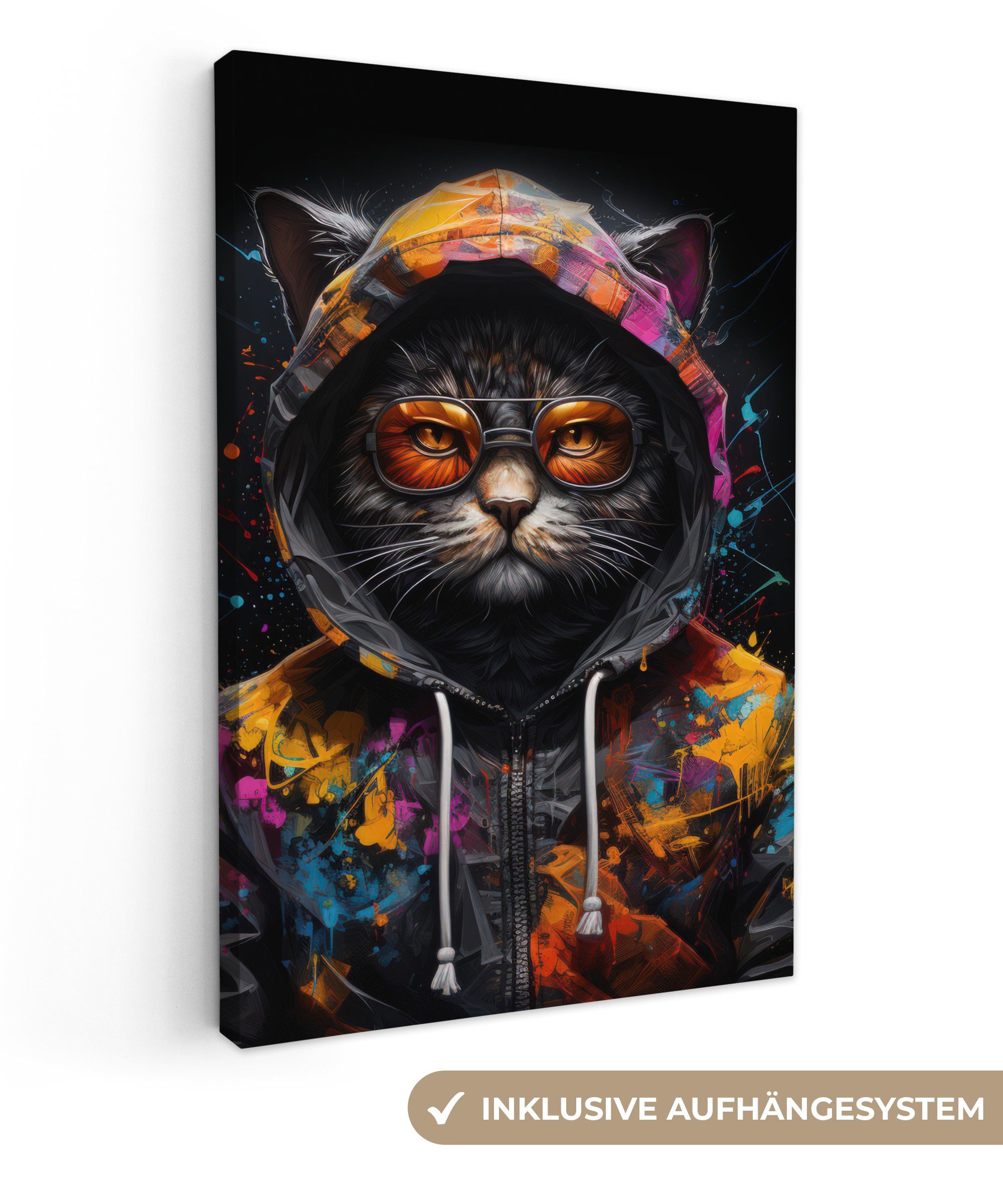 OneMillionCanvasses® Leinwandbild Katze - Mantel - Graffiti - Brille - Schw günstig online kaufen