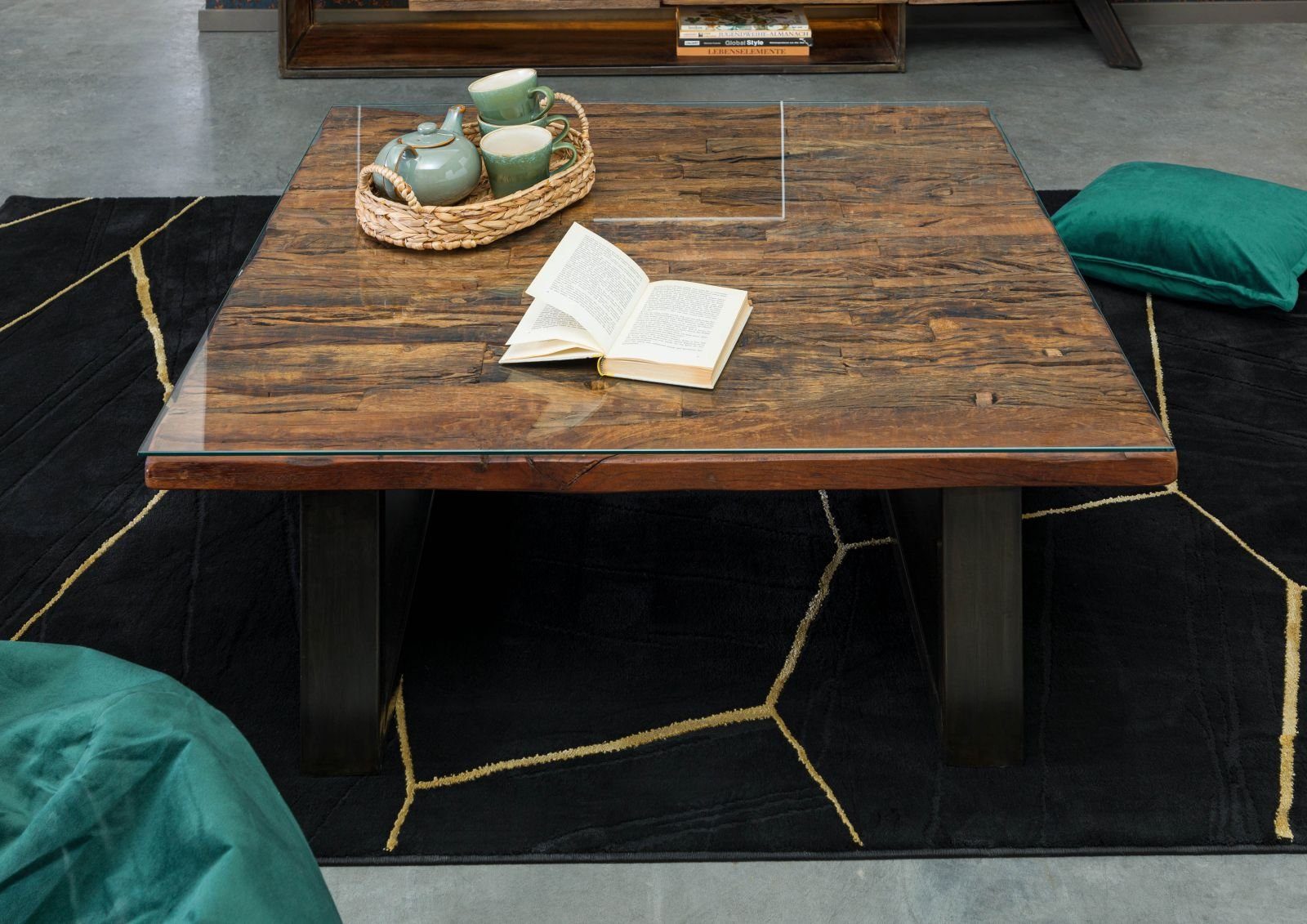 Massivmoebel24 Couchtisch SEVILLA (Massivholz, Massivholztisch), Couchtisch Altholz 100x100x42 braun lackiert CITY #28