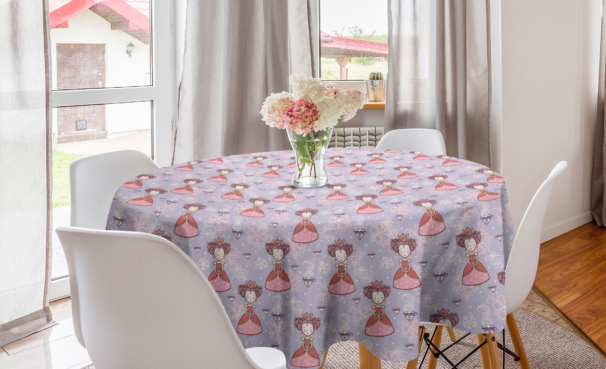 Abakuhaus Tischdecke Kreis Tischdecke Abdeckung für Esszimmer Küche Dekoration, Prinzessin Mädchen mit Teacups Floral