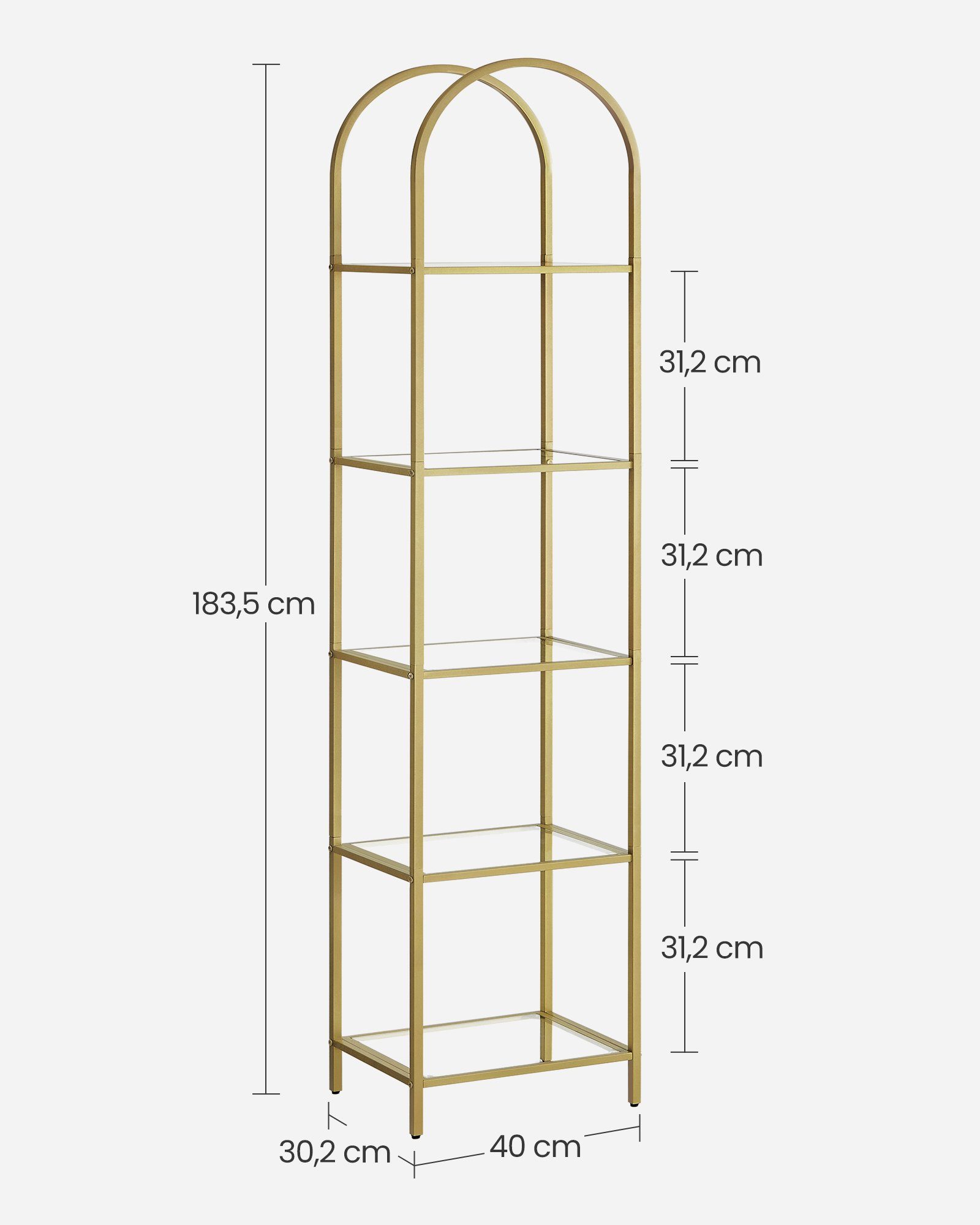 5 Höhe VASAGLE Standregal, 183,5cm 1-tlg., Ebenen, Bücherregal mit gold
