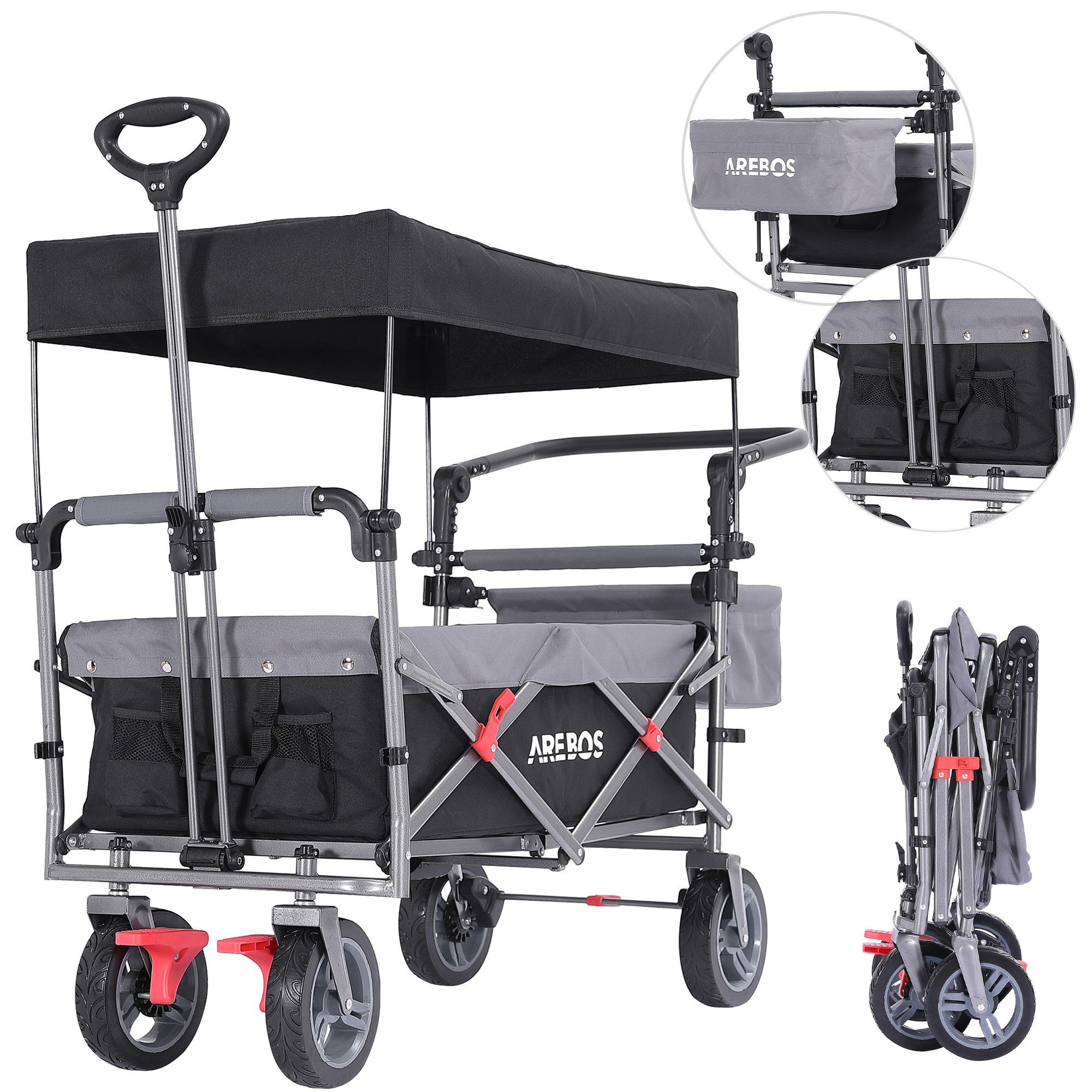 Arebos Bollerwagen Handwagen, Premium faltbar mit Dach, bis 100 kg Tragkraft, Vorder- und Hinter-Bremse, Inkl.Tragetasche