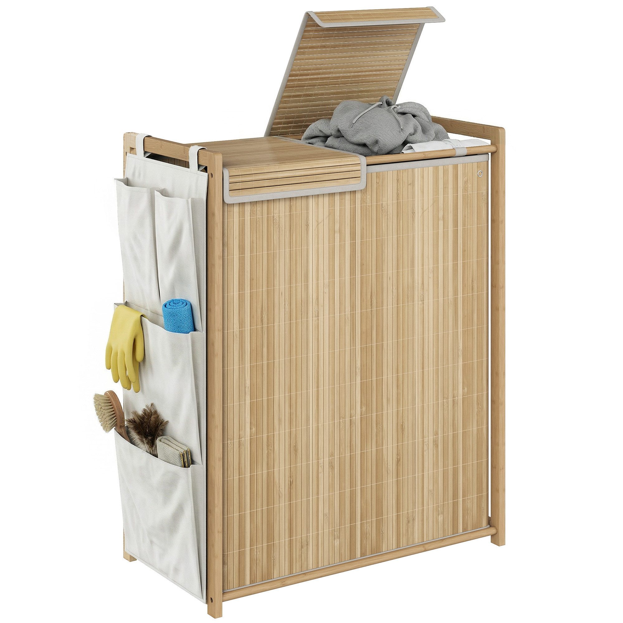 HOMCOM Wäschekorb Wäschesortierer mit Griff, bnehmbarem Kordelzug-Sack (Wäschebox, 1 St., Wäschesammler mit Innensäcken), Bambus, 120 l, Seitenfächer, Deckel – Bild 2 von 5
