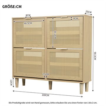 Sweiko Schuhschrank (mit 4 Klappschubladen, Schuhkommode aus Rattan mit Metallgriffen) Landhausstil,100 x 25 x 90 cm