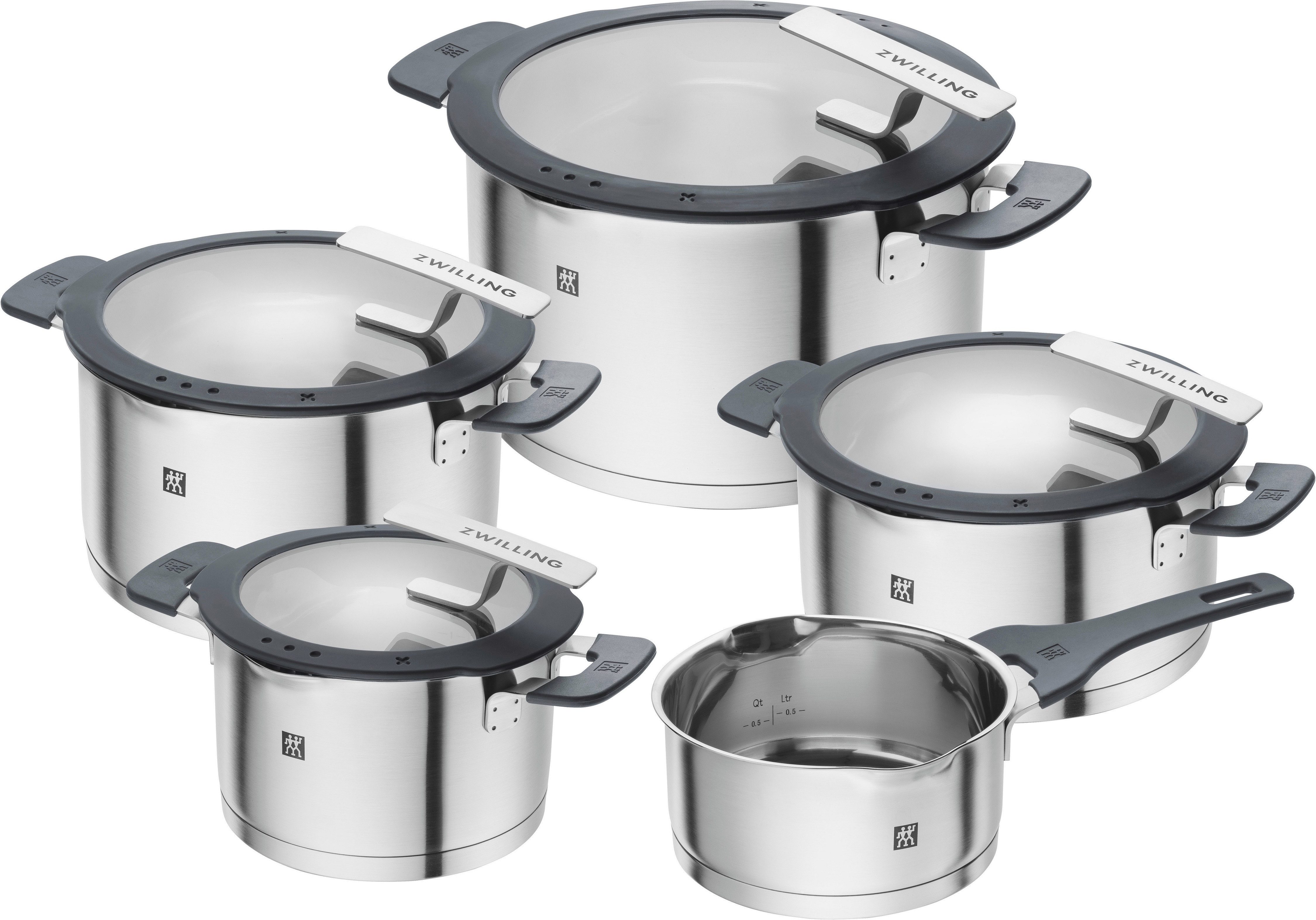 Zwilling Topf-Set Simplify, Edelstahl 18/10 (Set, 9-tlg., je 1 Kochtopf Ø 16/20/24 cm, 1 Bratentopf Ø 20 cm, 1 Stieltopf Ø 16 cm), Sandwichboden, Stay-Cool-Griffe, integriertes Sieb, (Glas)Deckelhalter