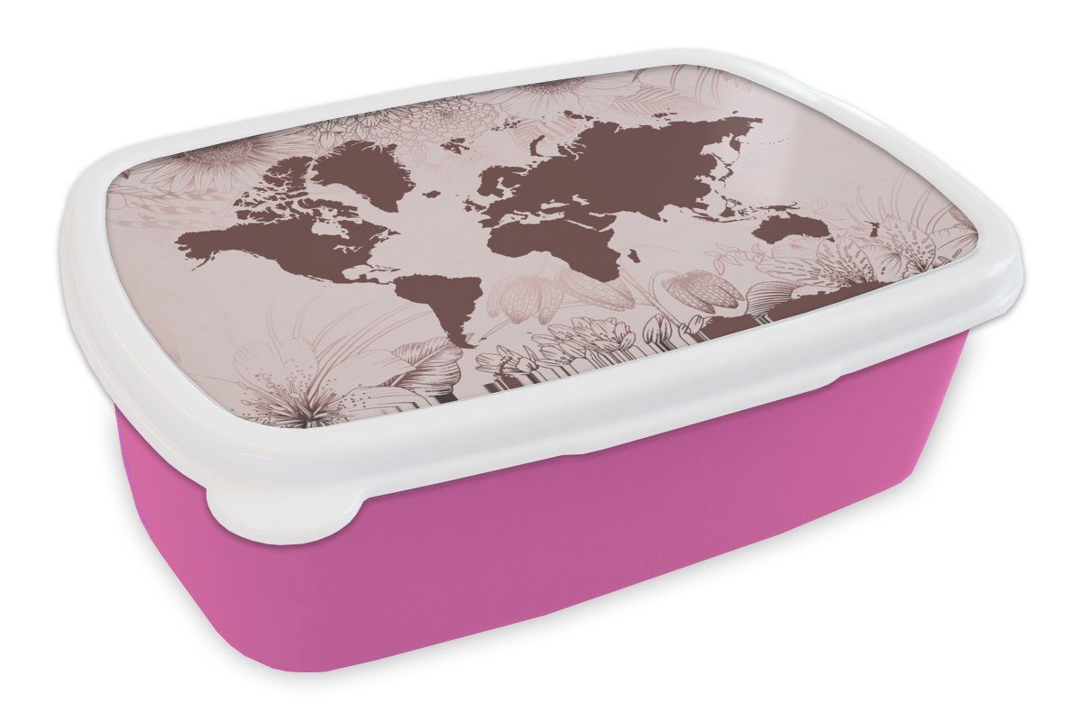 Kunststoff, für Weltkarte Brotdose - MuchoWow rosa (2-tlg), - Erwachsene, Lila, Kinder, Kunststoff Blumen Brotbox Lunchbox Mädchen, Snackbox,