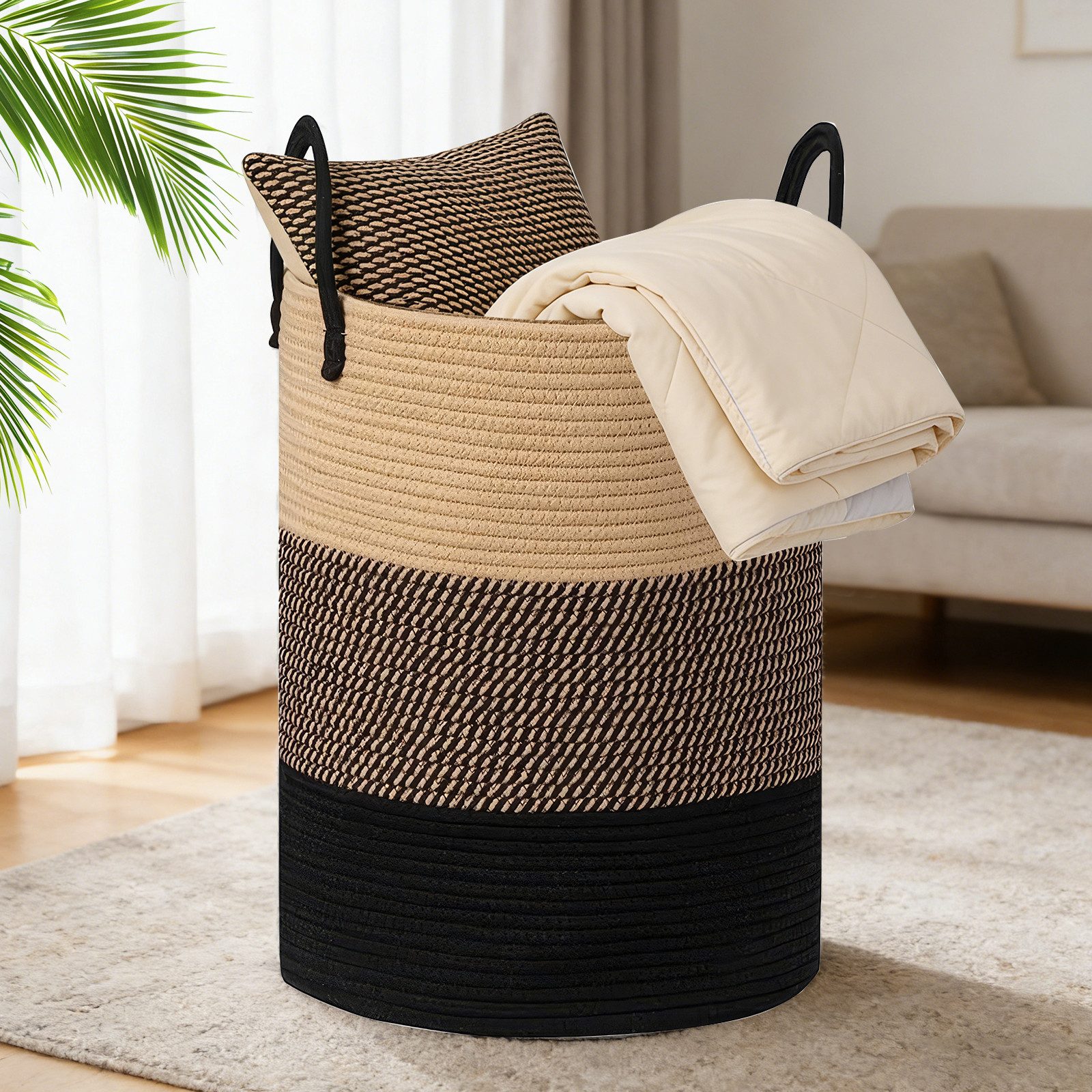 BlingBin Wäschekorb Rund 58L mit Baumwollgriffen,Faltbarer Wäschesammler (1er Set, 1 St., Schmutzwäschekorb, Aufbewahrungskorb), für Waschküche, Schlafzimmer, Badezimmer, Wohnheim