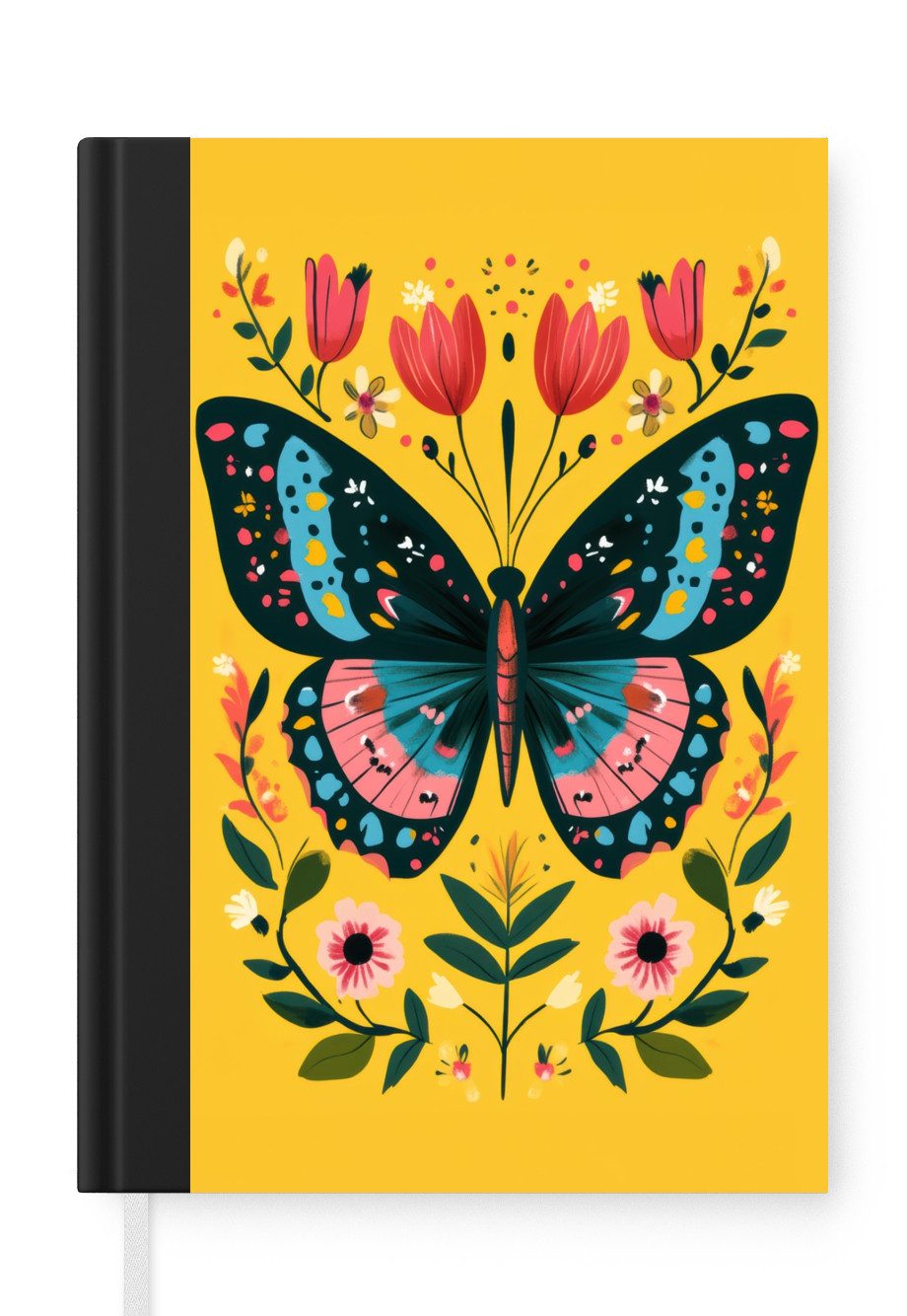 MuchoWow Notizbuch Blumen - Bunt - Schmetterling - Ornamental, Notebook, Notizblock a5, Tagebuch, Journal Liniert