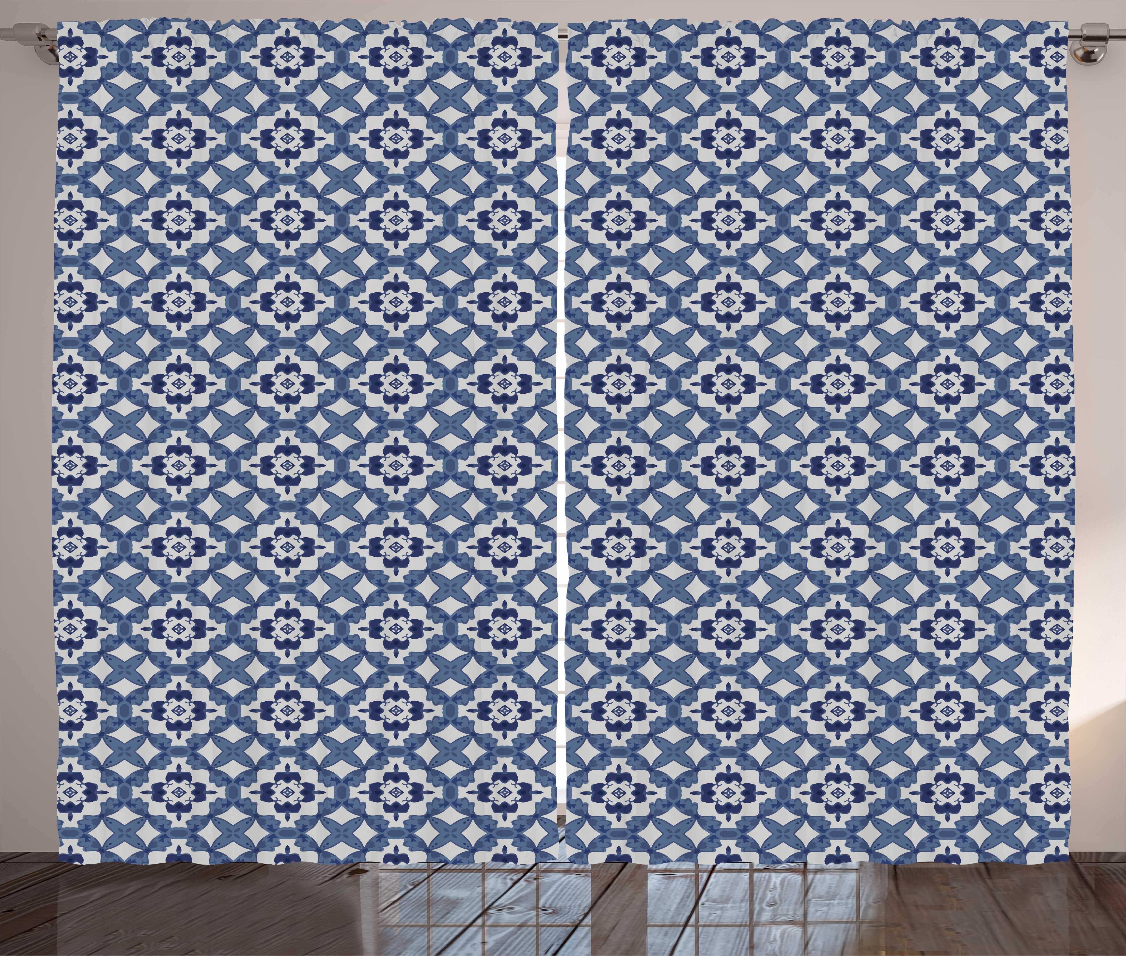 Gardine Schlafzimmer Kräuselband Vorhang mit Schlaufen und Haken, Abakuhaus, geometrisch Azulejo Mosaik-Muster