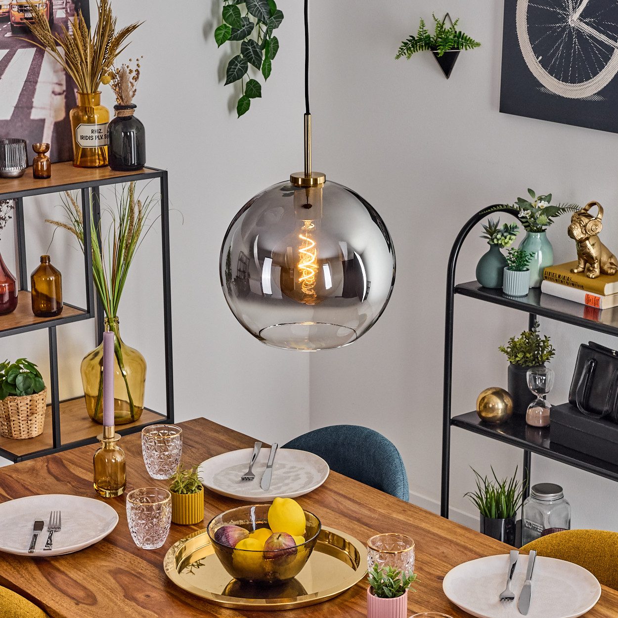 hofstein Hängeleuchte Hängelampe aus Metall/Glas in Schwarz/Gold/Rauchfarbe günstig online kaufen