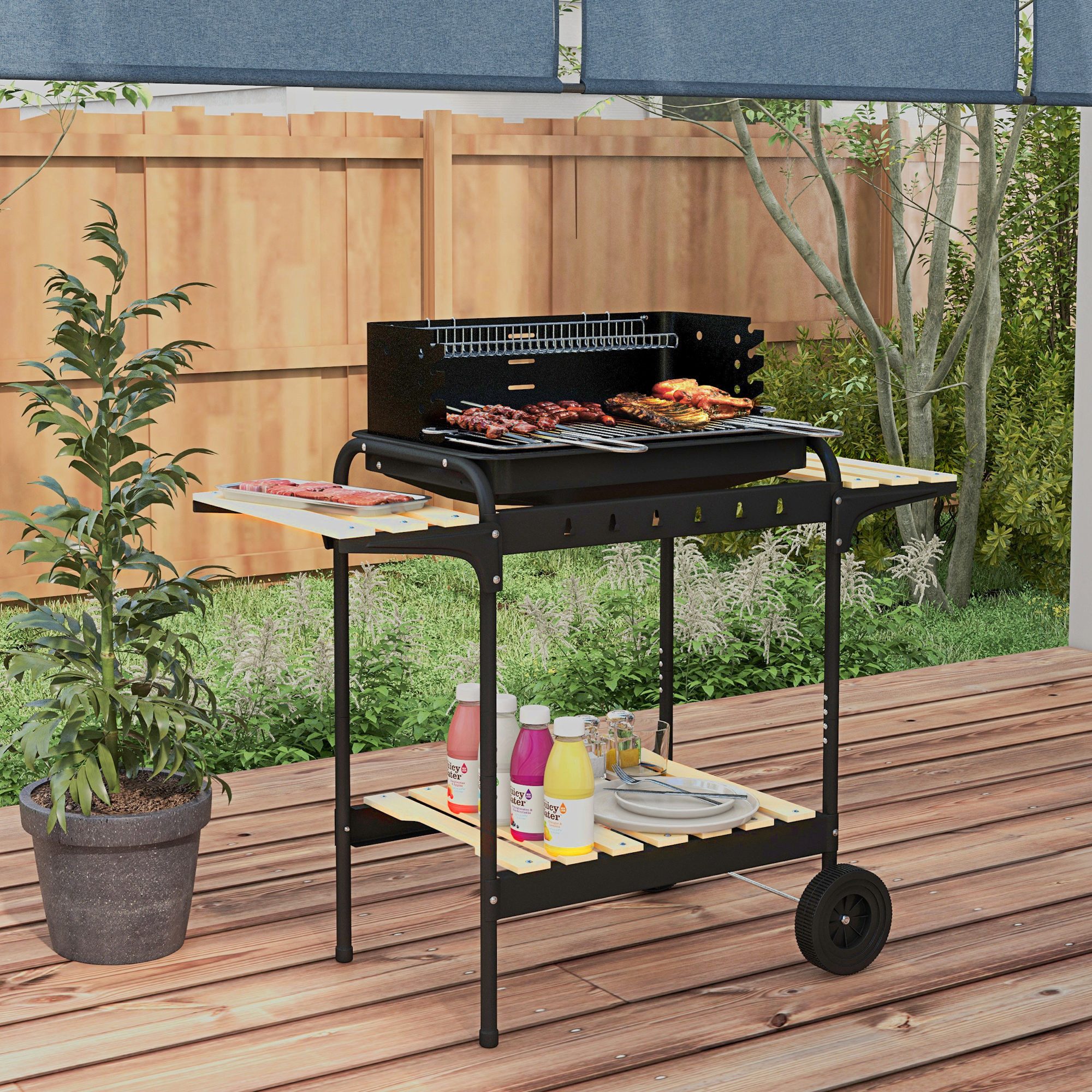 Outsunny Holzkohlegrill mit Räder, höheverstellbar Grillrost, Holzablage, BBQ Smoker, fahrbar Grillwagen, für Barbeque Camping, Terrasse, 95 x 71,5 x 102 cm