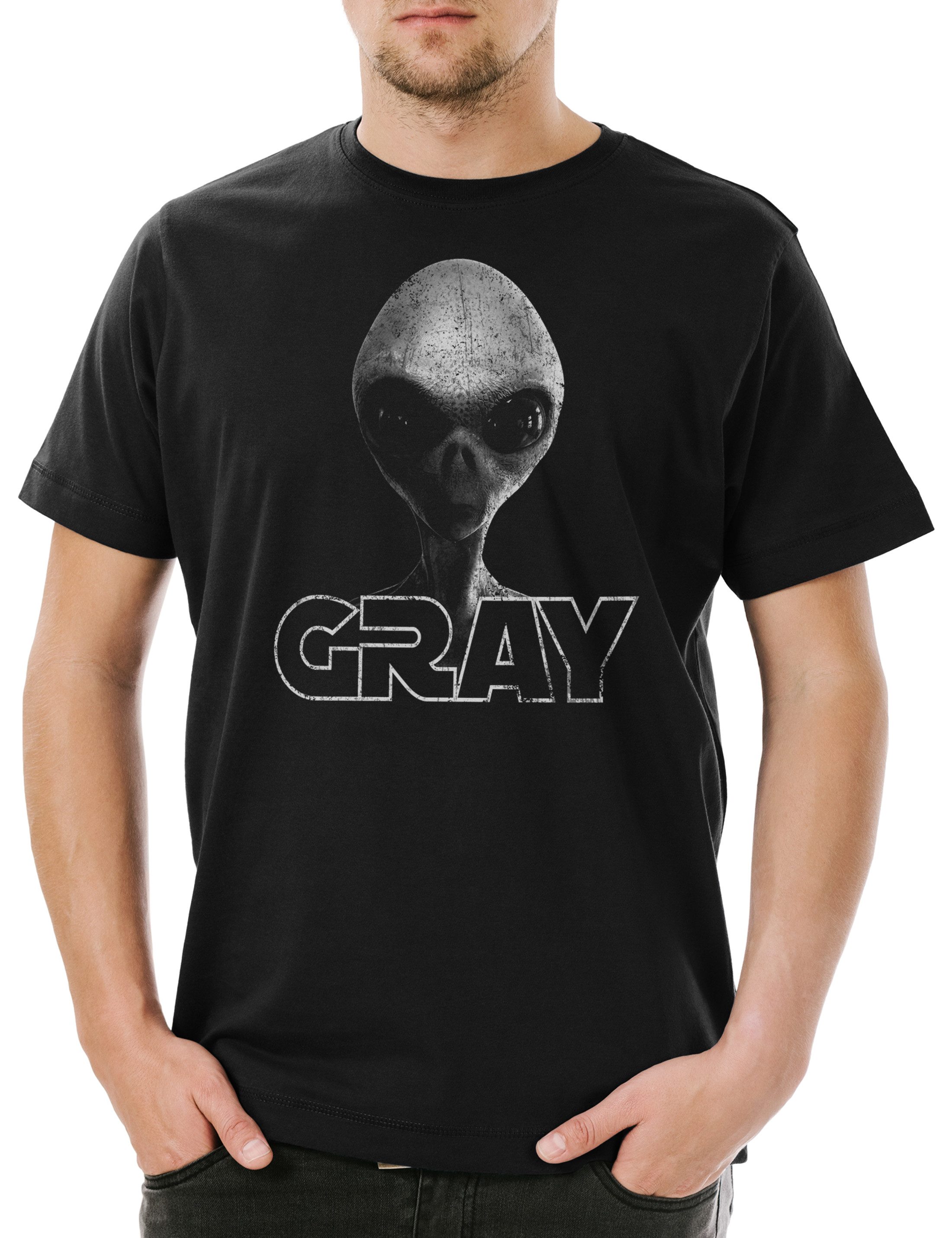 Print-Shirt Gray Alien Invader II Herren T-Shirt Grey UFO Vril Flugscheibe Haunebu