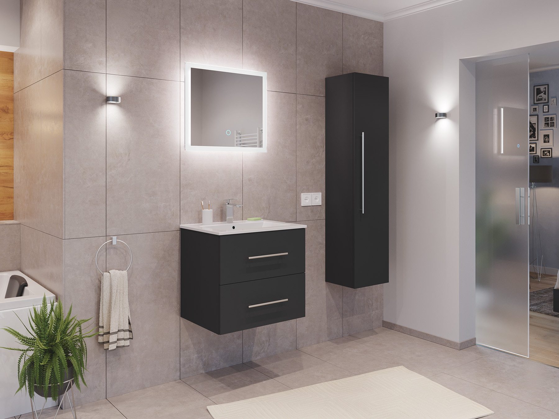 Magnolia Home Waschtisch Badmöbel Set Firenze 60 3tlg. LED Spiegel und Hochschrank grafit
