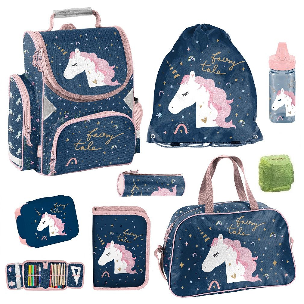 Familando Schulranzen 1. Klasse; ergonomischer Tornister (Set, 8-tlg., inkl. Federmappe, Lunch-Set und Sporttasche), Rosa Mädchen Schultasche Ballerina Ballett Tänzerin