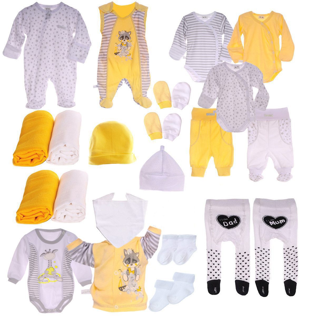 La Bortini Erstausstattungspaket Baby Set 22 Teile Body Hose Strampler Strumpfhosen Shirt Socken aus Baumwolle, 44 50 56 62 Spucktücher Sabbertuch