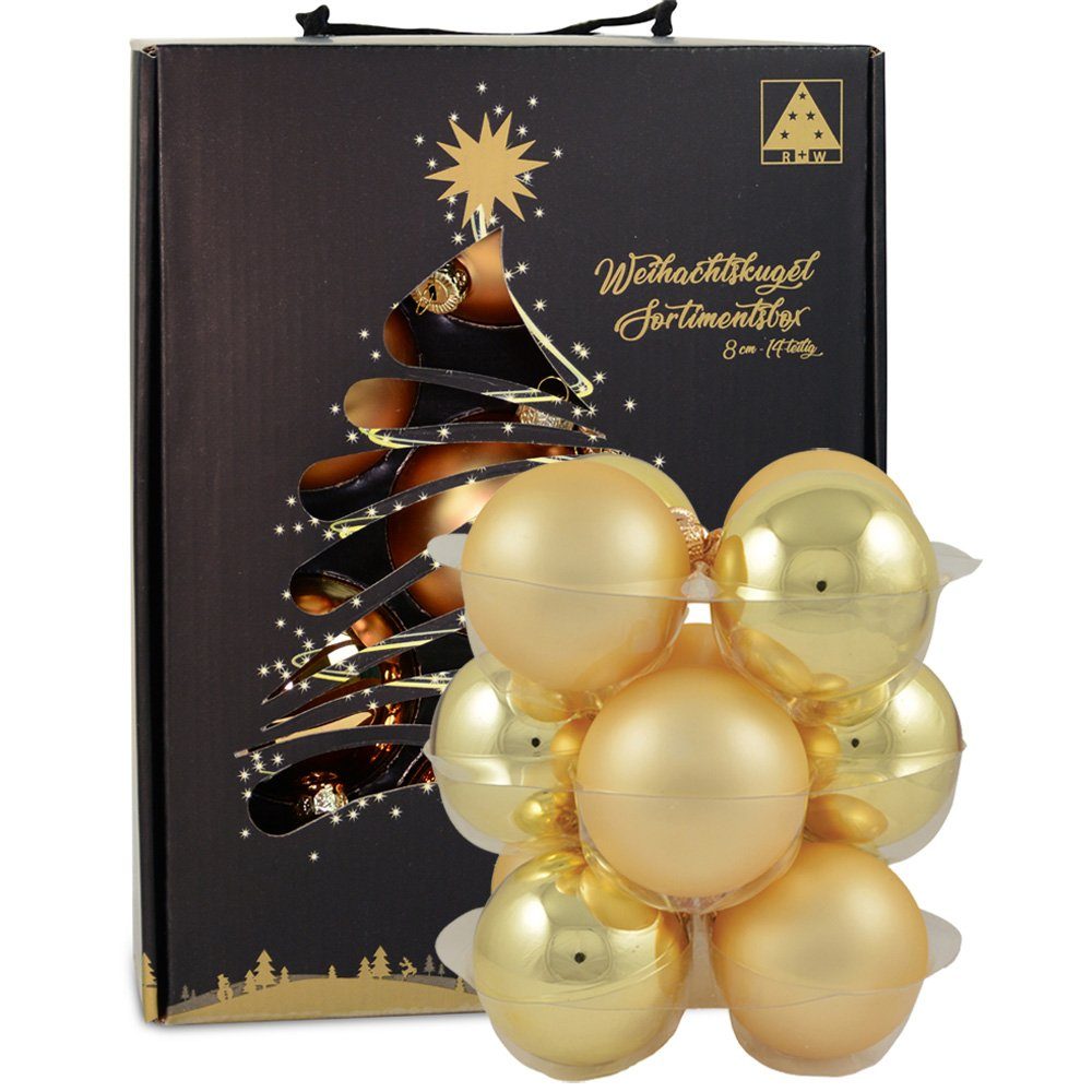 RIFFELMACHER & WEINBERGER Weihnachtsbaumkugel Glas im Koffer 26270 (14 Stück) Ø 8 cm - Gold Matt und Glänzend, aus Glas